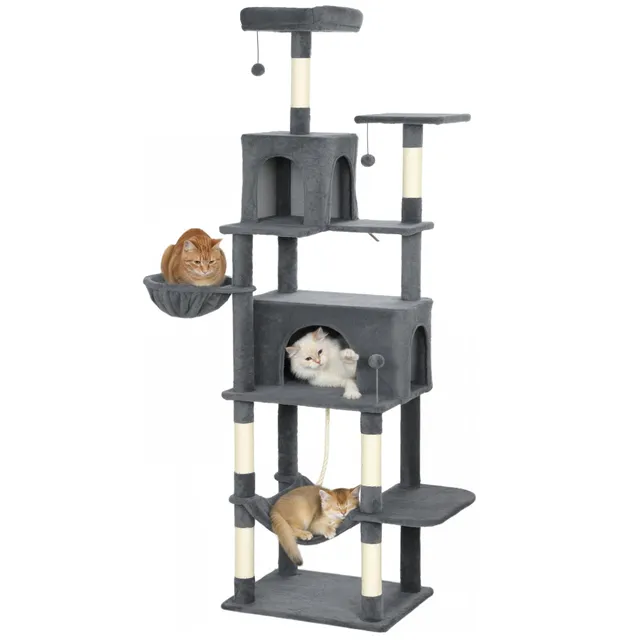 pawhut-arbre-chat-g-ant-202cm-6-griffoirs-2-niches-2-hamacs-gris-fonc image 1