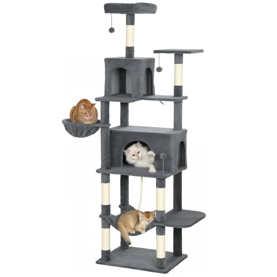 pawhut-arbre-chat-g-ant-202cm-6-griffoirs-2-niches-2-hamacs-gris-fonc image 1