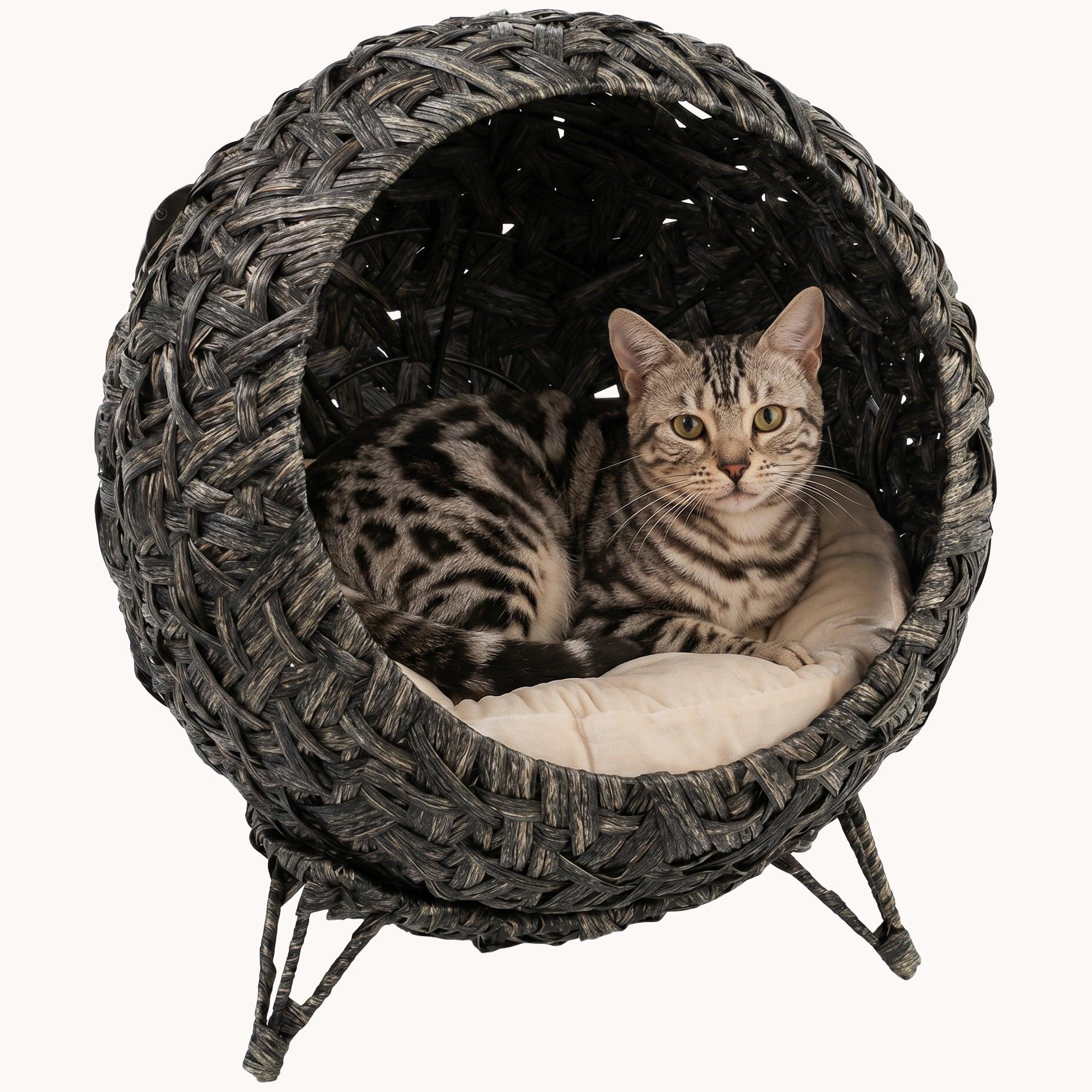 pawhut-lit-chat-sur-lev-rotin-tress-gris-avec-coussin-et-base-m-tal image 1