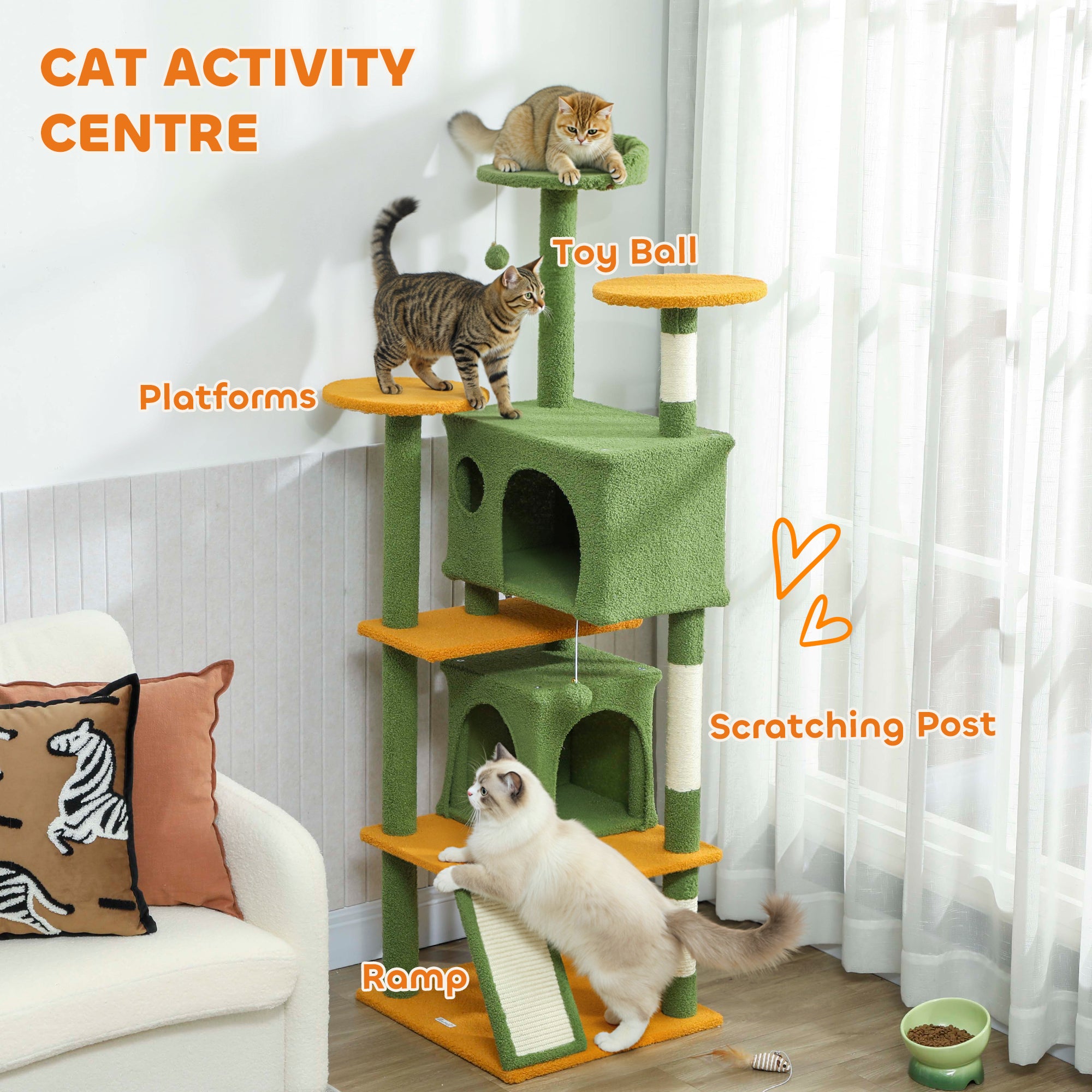 pawhut-arbre-chat-160-cm-avec-niches-lit-rampe-et-griffoirs-vert image 6