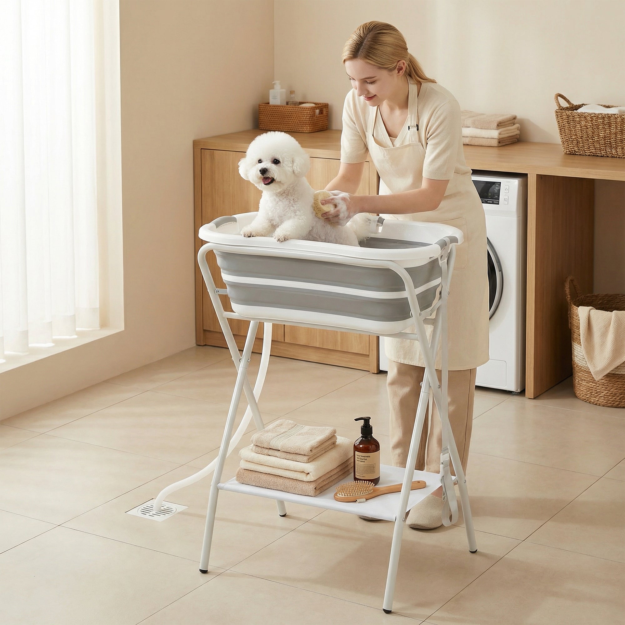 pawhut-baignoire-chien-sur-lev-e-2-en-1-pliable-avec-tuyau-pour-petits-chiens image 3