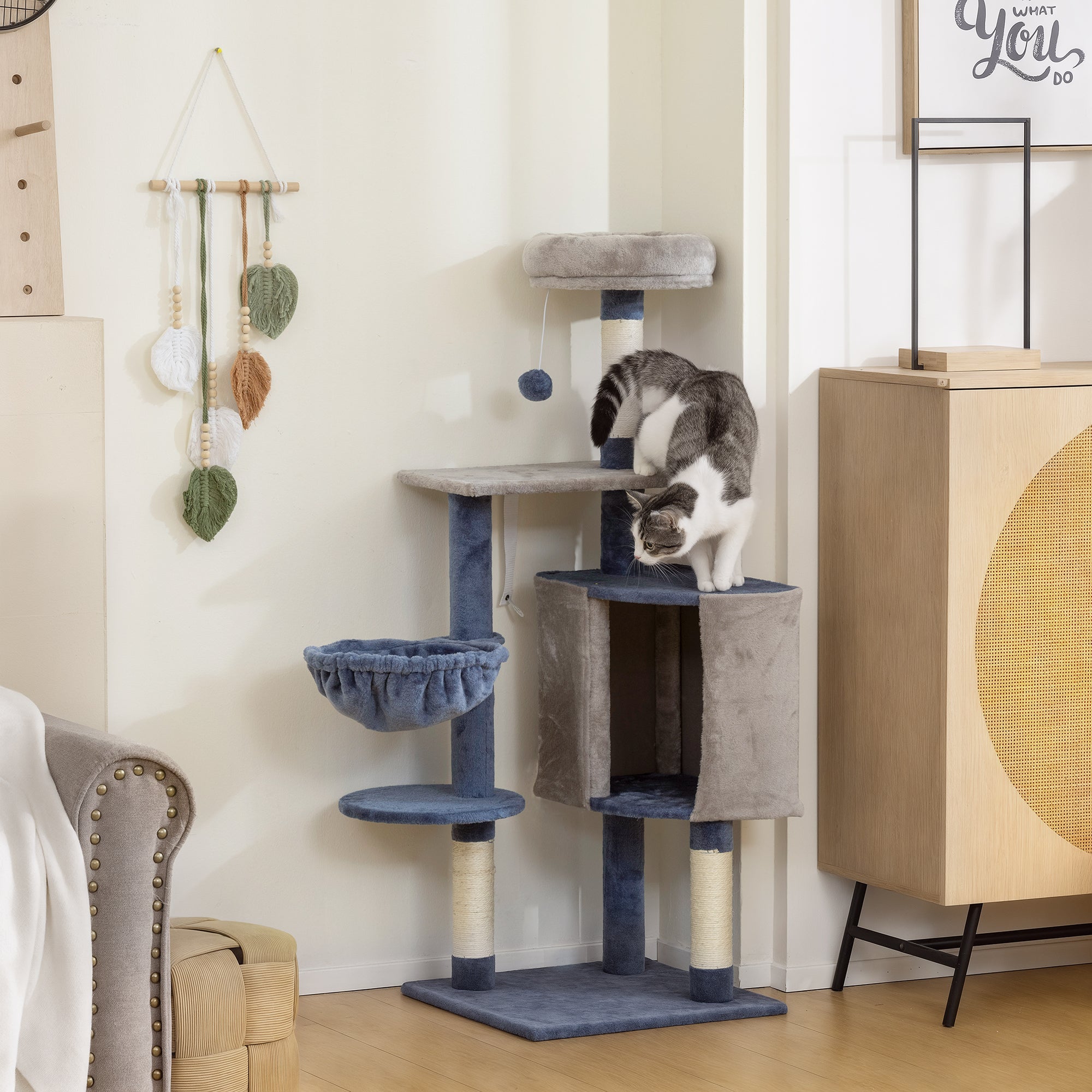 pawhut-arbre-chat-moderne-122-cm-bleu-gris-niche-hamac-perchoir-et-griffoirs image 3