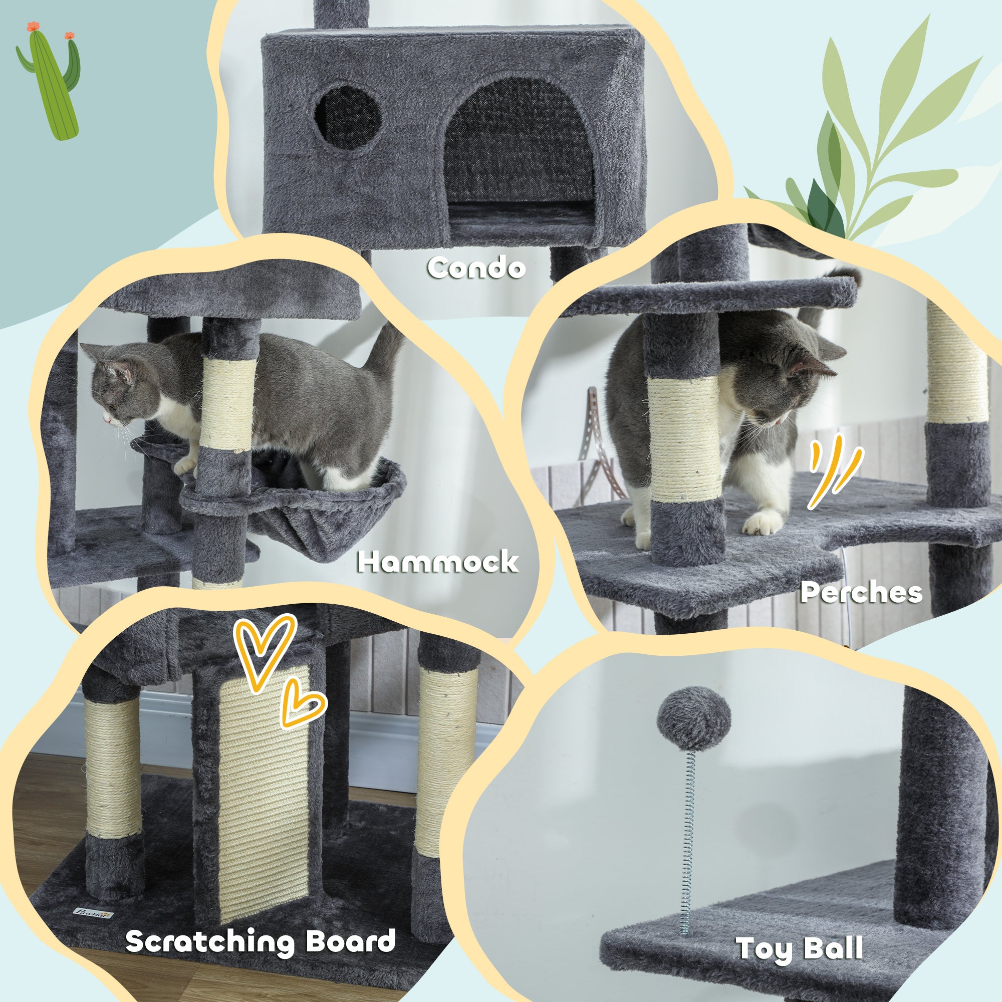 pawhut-arbre-chat-du-sol-au-plafond-230-250-cm-avec-2-niches-et-hamac-gris-fonc image 7
