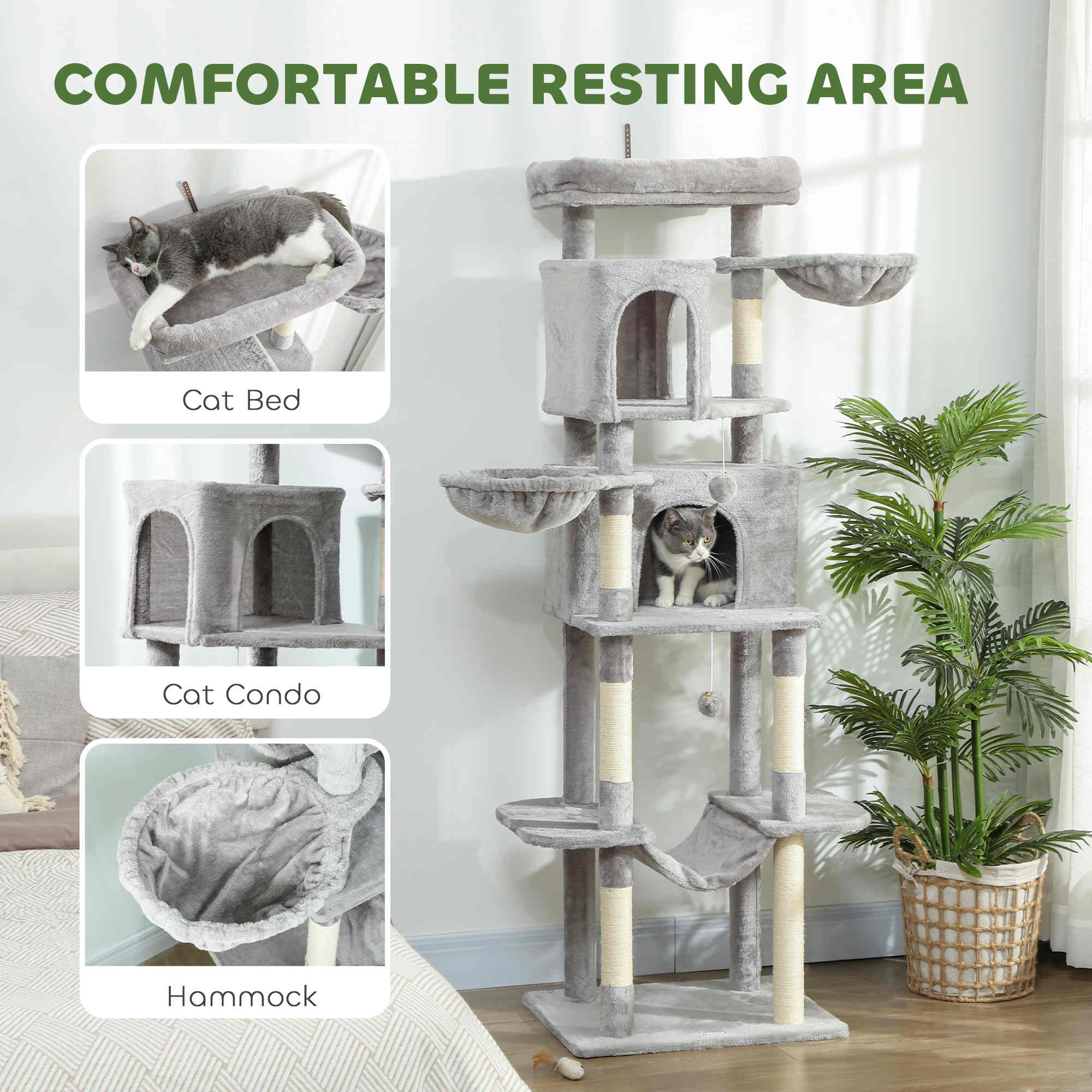 pawhut-arbre-chat-175-cm-avec-2-niches-3-hamacs-gris-clair image 7