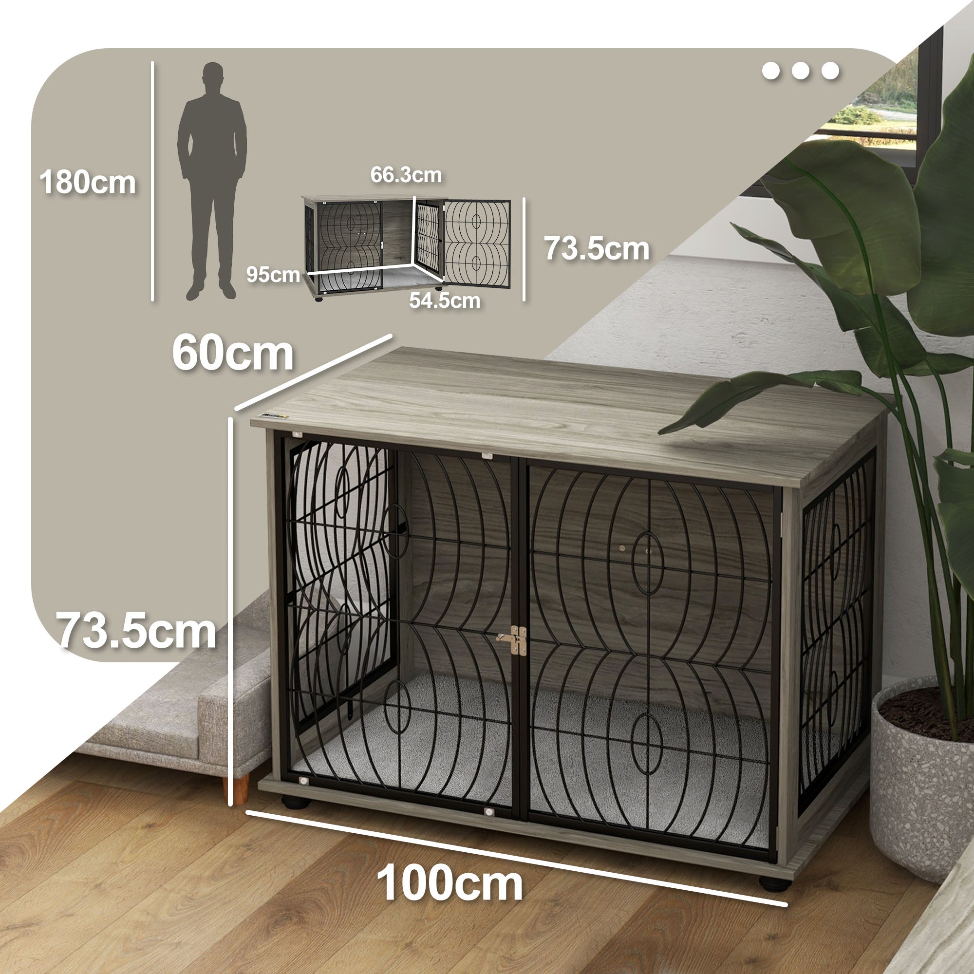 pawhut-niche-caisse-pour-chien-table-d-appoint-100x60x74-cm-avec-coussin-gris image 5