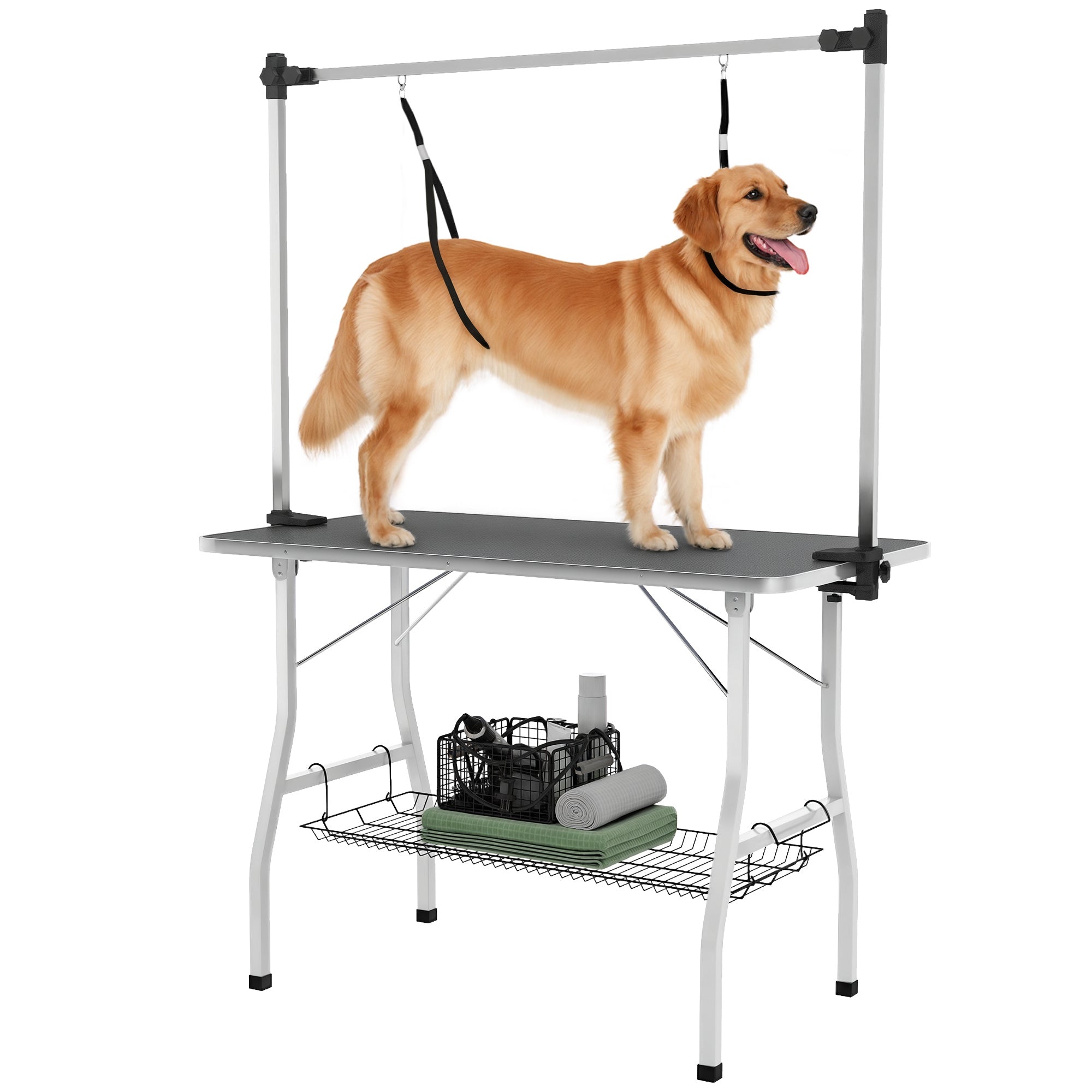 pawhut-table-de-toilettage-chien-pliable-107-cm-bras-r-glable-noire image 1