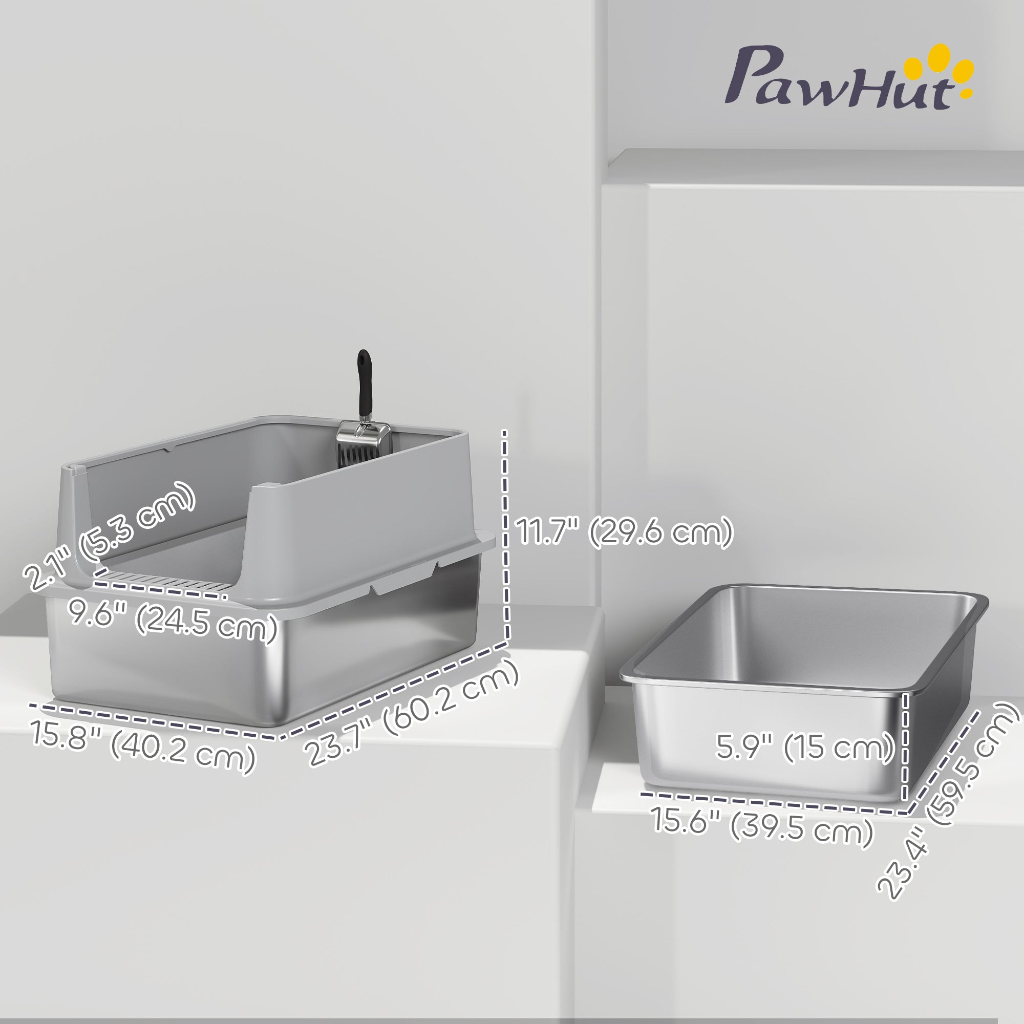 pawhut-bac-liti-re-chat-xl-inox-avec-pelle-et-marche-avant-gris image 5