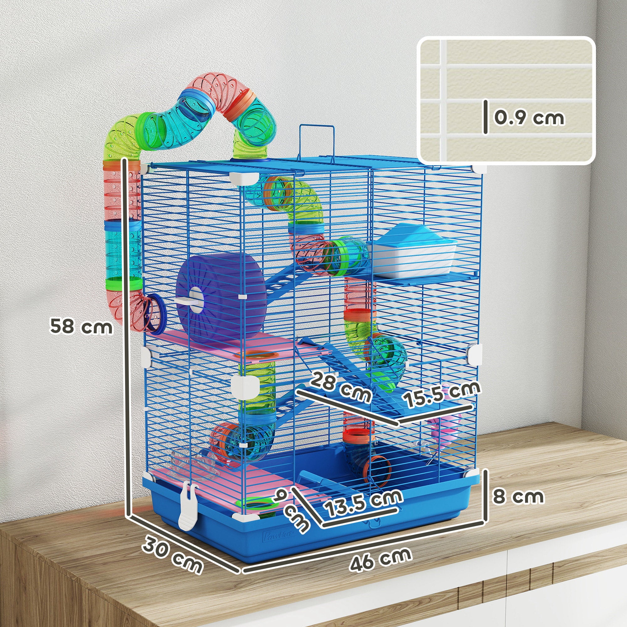 pawhut-cage-hamster-5-tages-tunnels-roue-bleu image 5