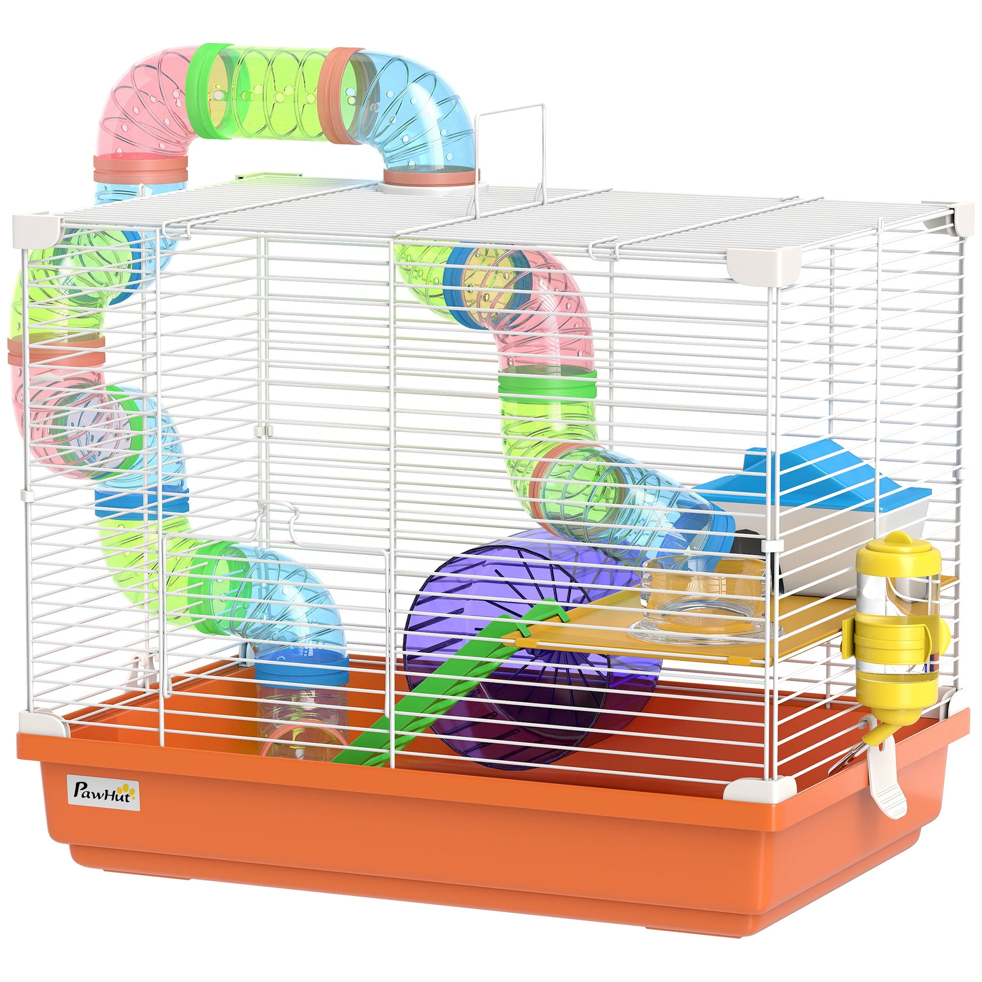 pawhut-cage-hamster-18-2-niveaux-avec-tubes-et-accessoires-orange image 2