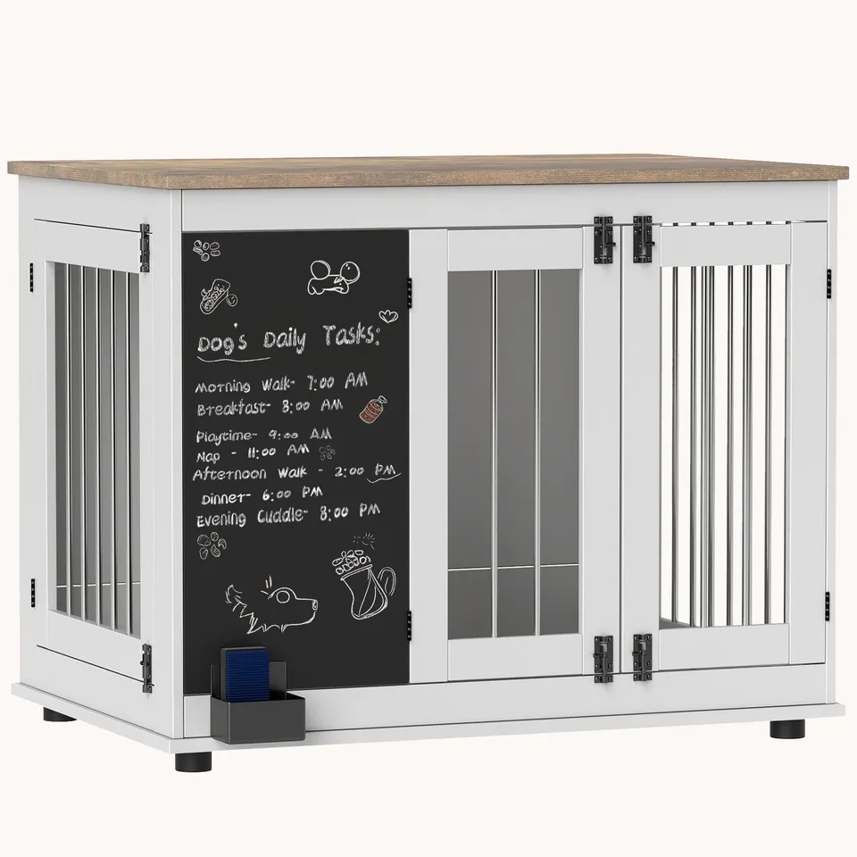 pawhut-niche-meuble-3-portes-blanche-avec-tableau-noir-pour-grand-chien image 1