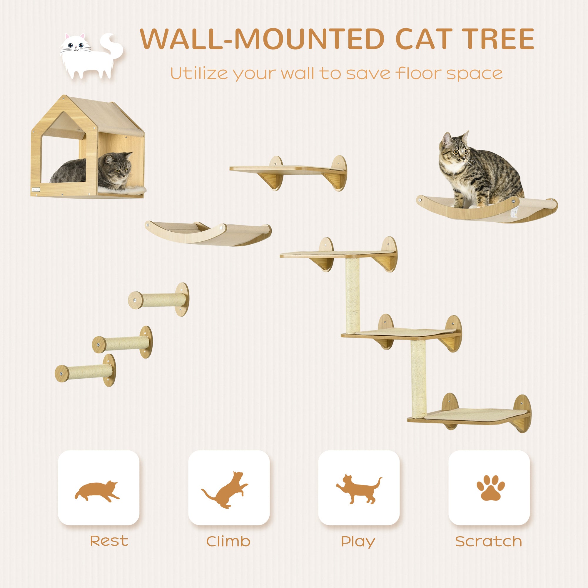 pawhut-arbre-chat-mural-8-pi-ces-beige-avec-condo-perchoirs-et-griffoirs image 6