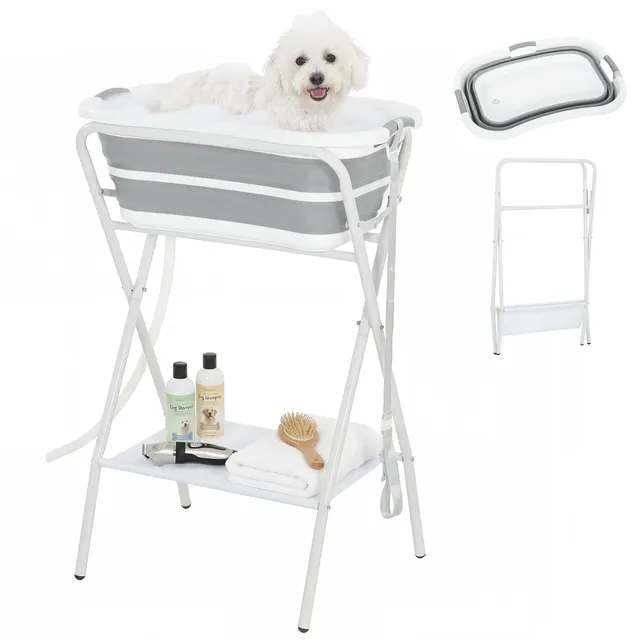 pawhut-baignoire-chien-sur-lev-e-2-en-1-pliable-avec-tuyau-pour-petits-chiens image 1