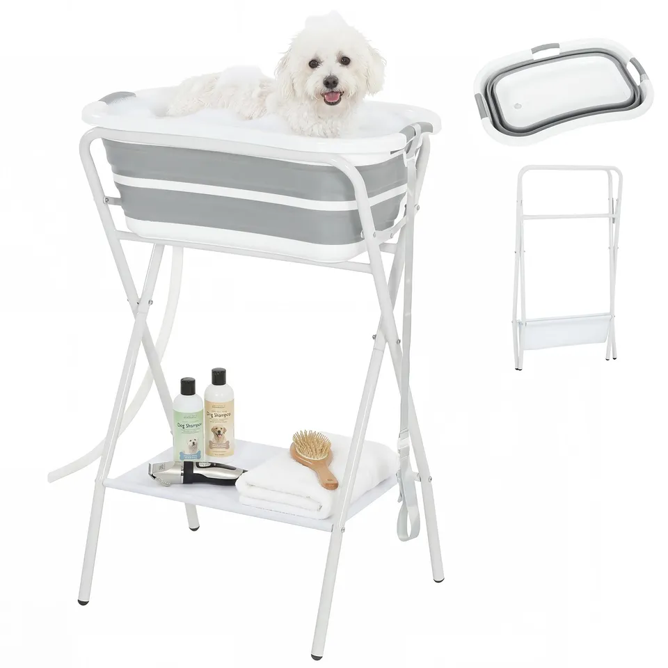 pawhut-baignoire-chien-sur-lev-e-2-en-1-pliable-avec-tuyau-pour-petits-chiens image 1