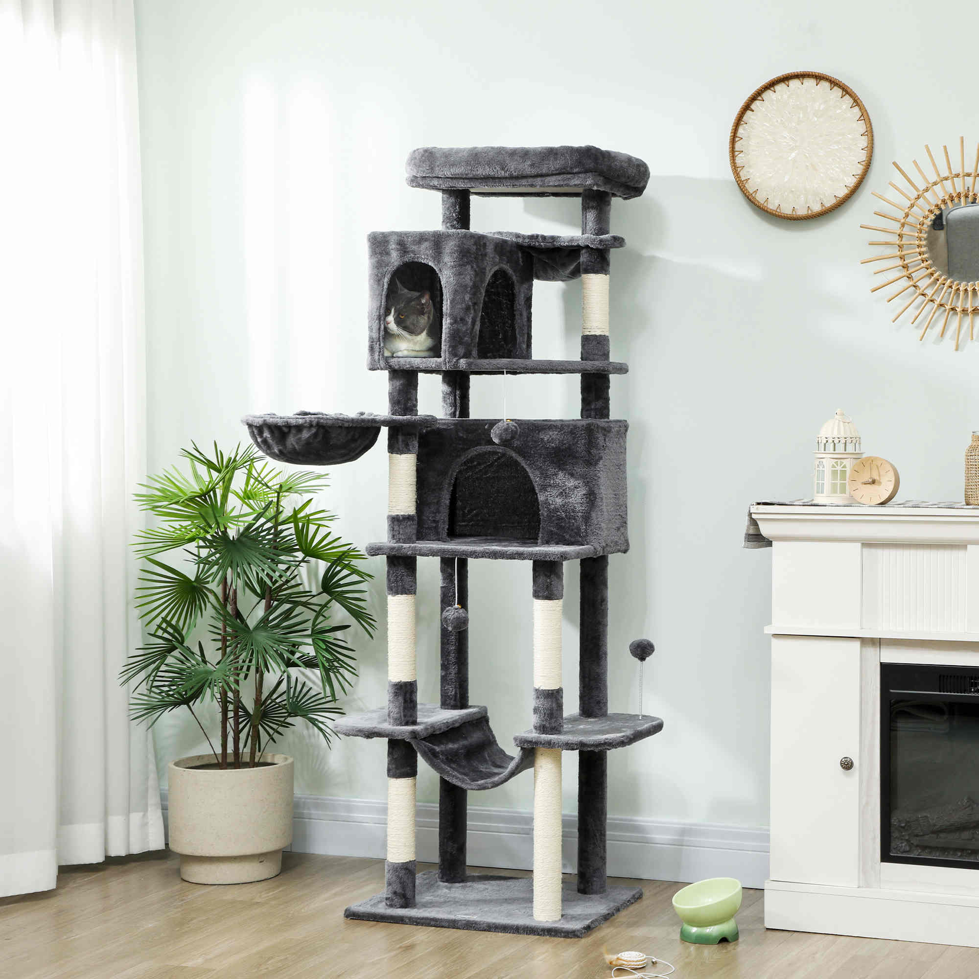 pawhut-arbre-chat-175-cm-type-tour-avec-2-niches-3-hamacs-et-perchoirs-gris-fonc image 4
