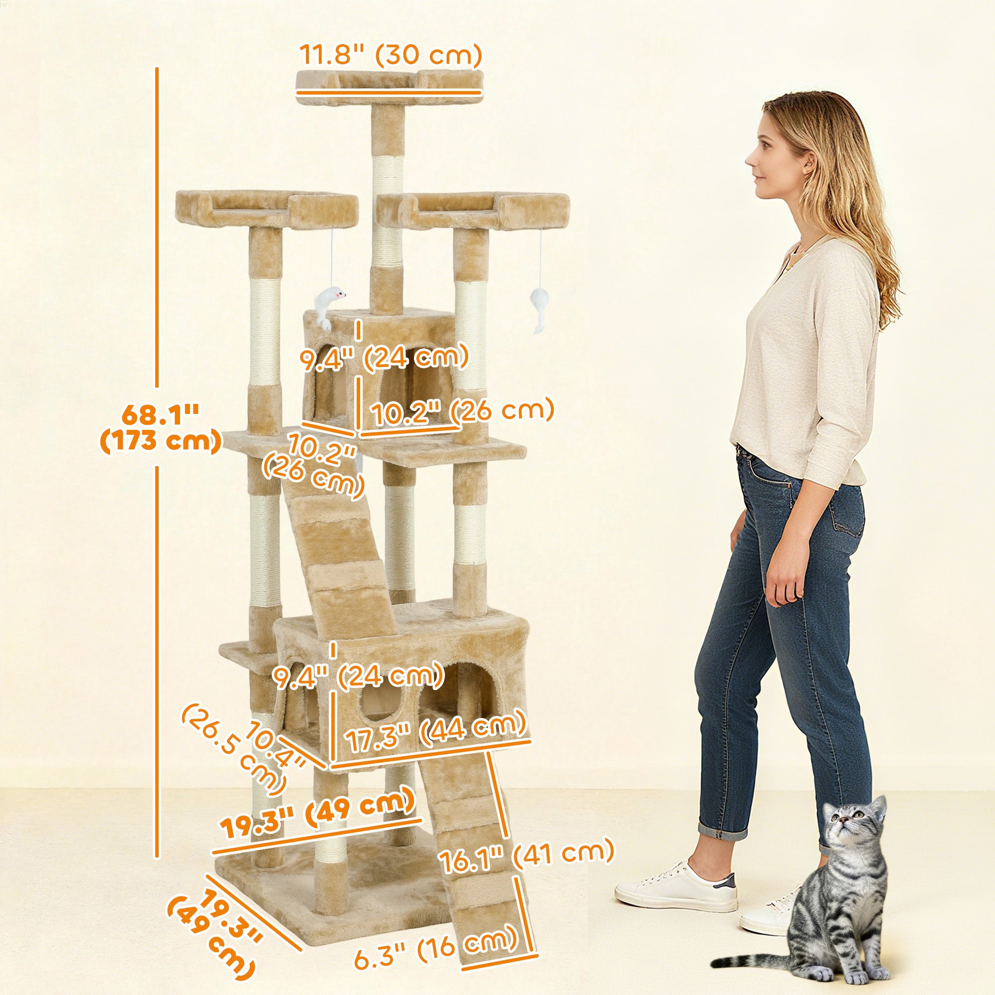 pawhut-arbre-chat-68-avec-2-niches-perchoirs-et-griffoirs-marron-clair image 5
