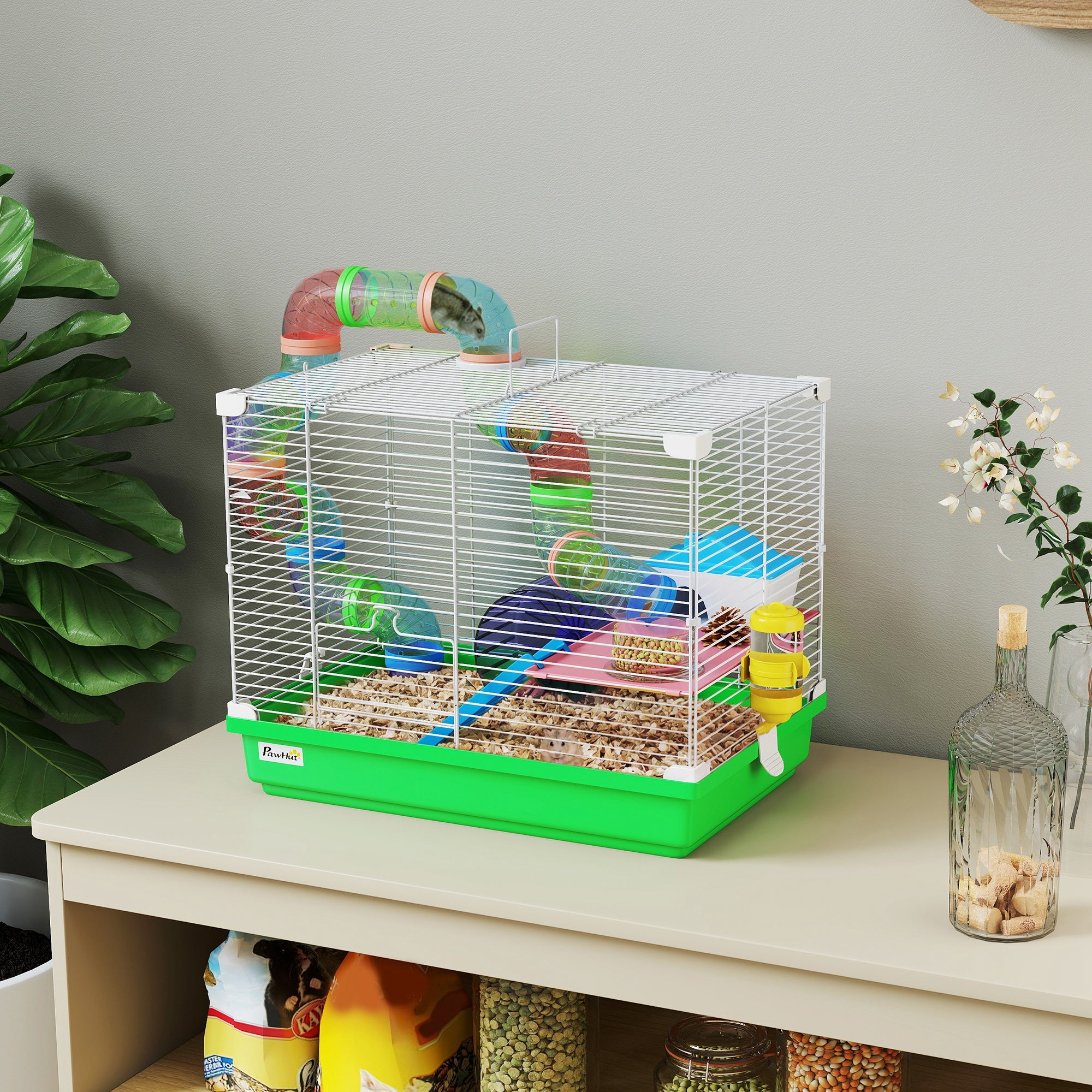 pawhut-cage-hamster-2-tages-avec-roue-tunnel-et-poign-e-verte image 3
