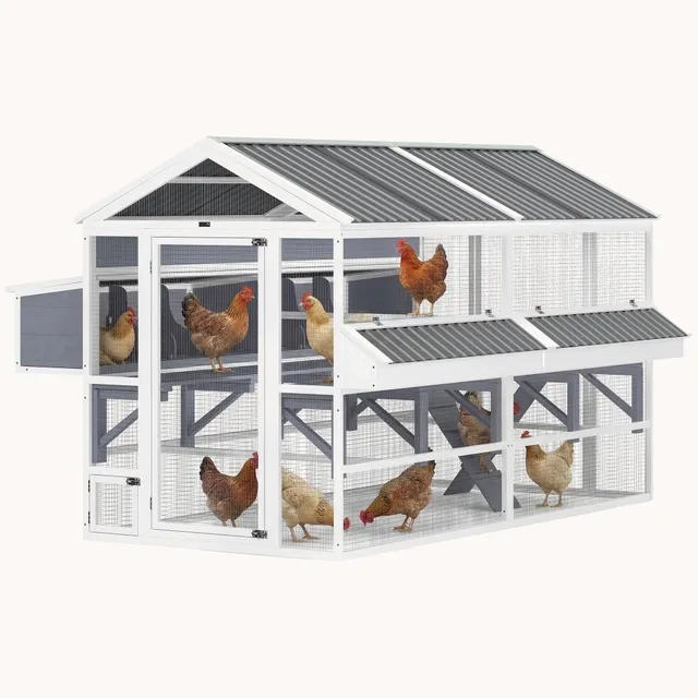 pawhut-grand-enclos-poules-avec-2-pondoirs-et-mangeoires-et-toit-tanche-gris image 1