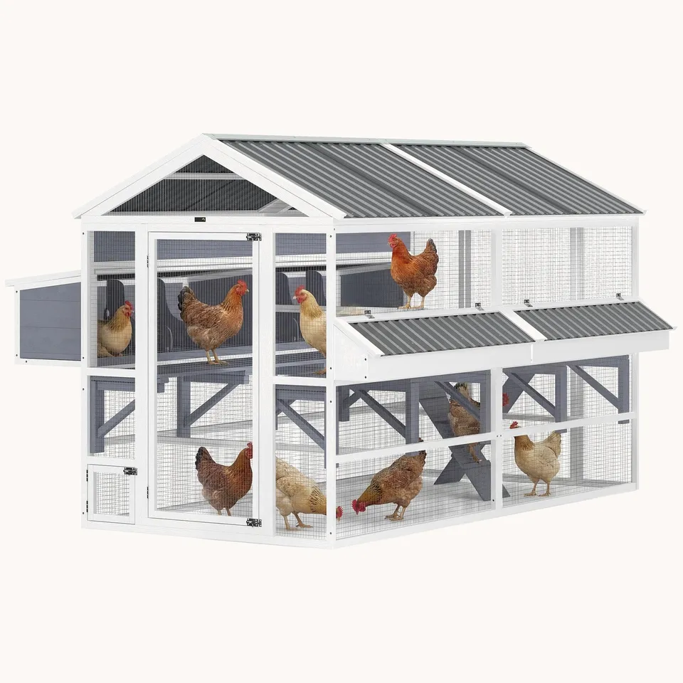pawhut-grand-enclos-poules-avec-2-pondoirs-et-mangeoires-et-toit-tanche-gris image 1