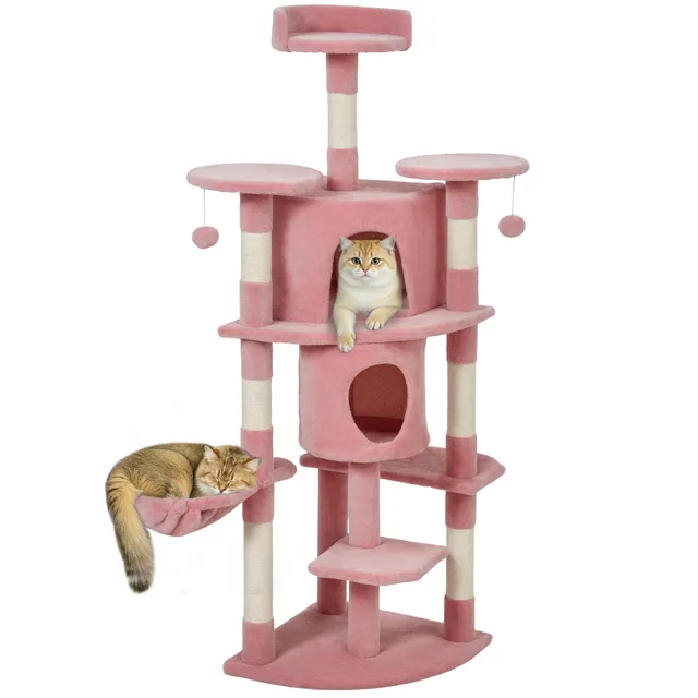 pawhut-arbre-chat-157-cm-avec-2-niches-hamac-et-perchoirs-rose image 1