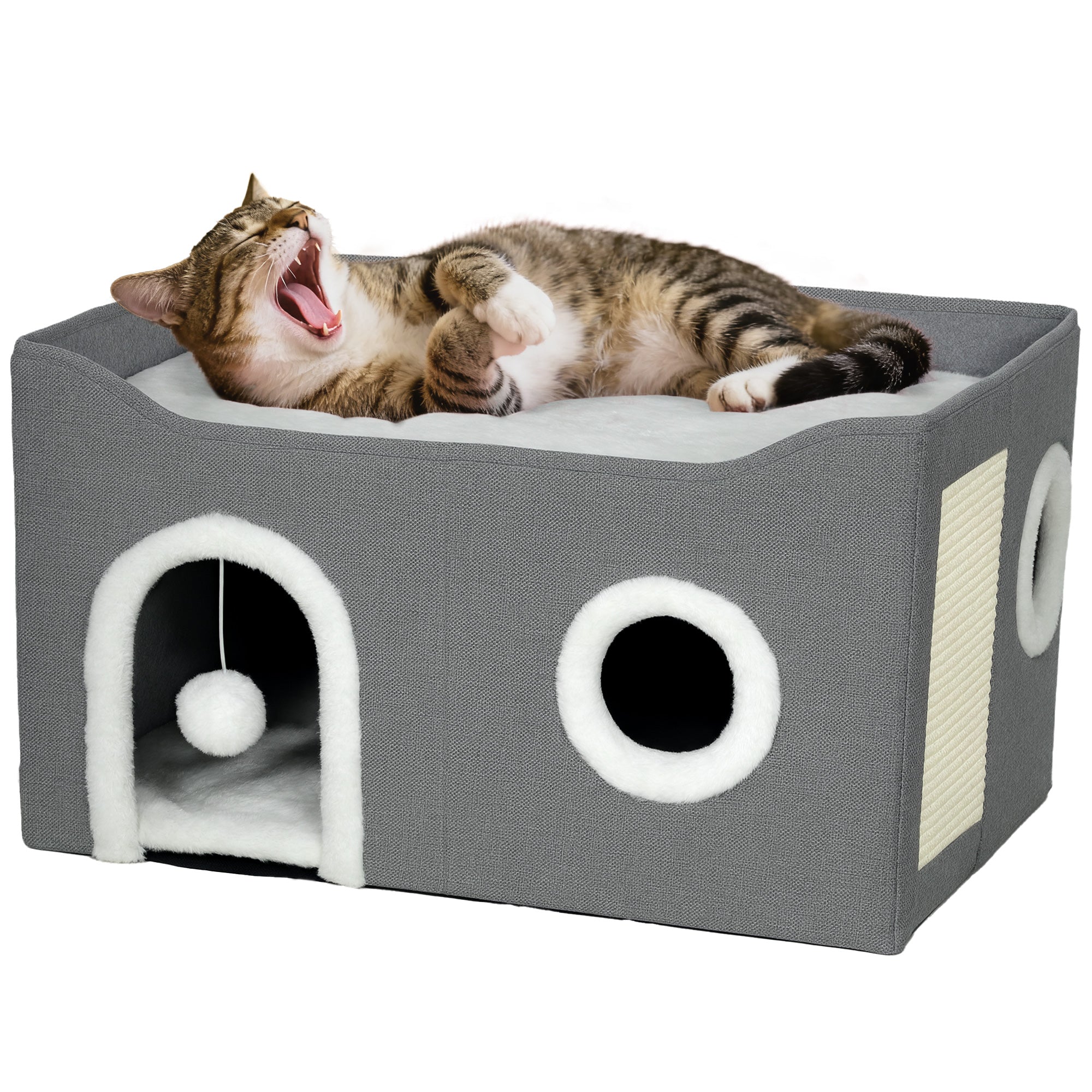 pawhut-maison-pour-chat-pliable-avec-griffoir-coussin-et-balle image 1