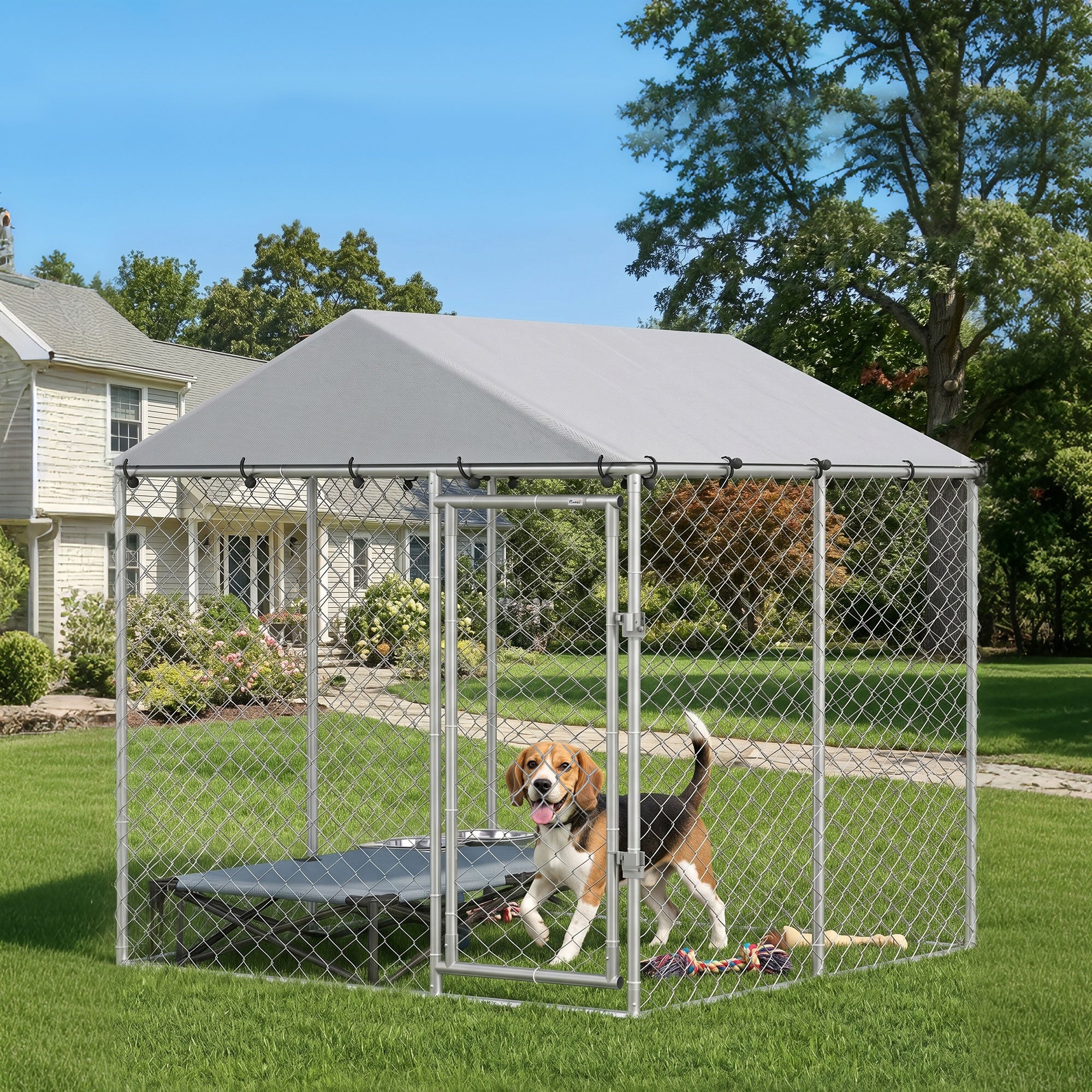 pawhut-chenil-ext-rieur-pour-chien-2-x-2-x-2-m-avec-toit-anti-uv-et-b-che-imperm image 4
