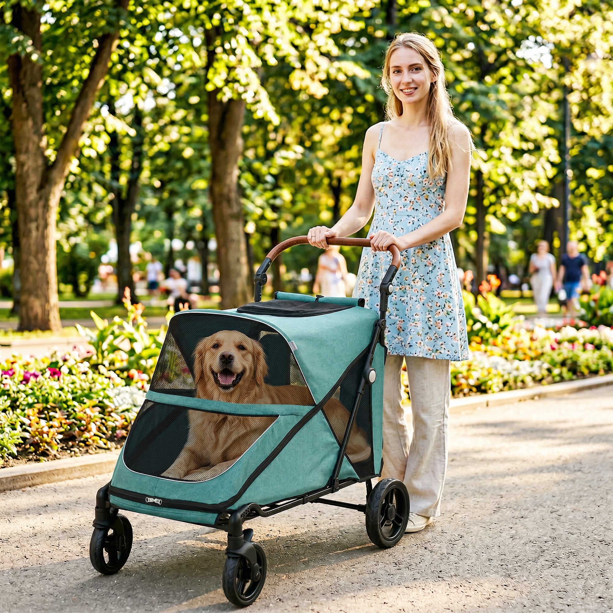 pawhut-poussette-pour-grand-chien-pliage-one-click-poign-e-r-glable-bleu image 4