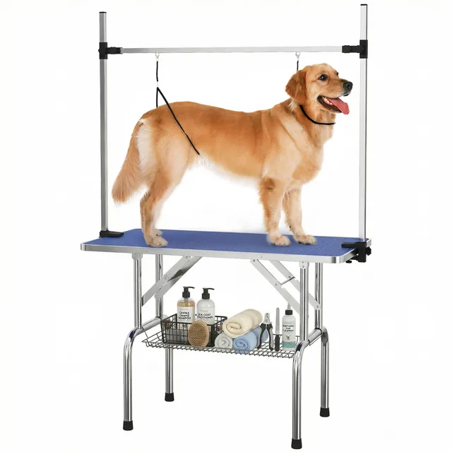 pawhut-table-de-toilettage-pliable-107x60x170cm-plateau-caoutchouc-bleu image 1