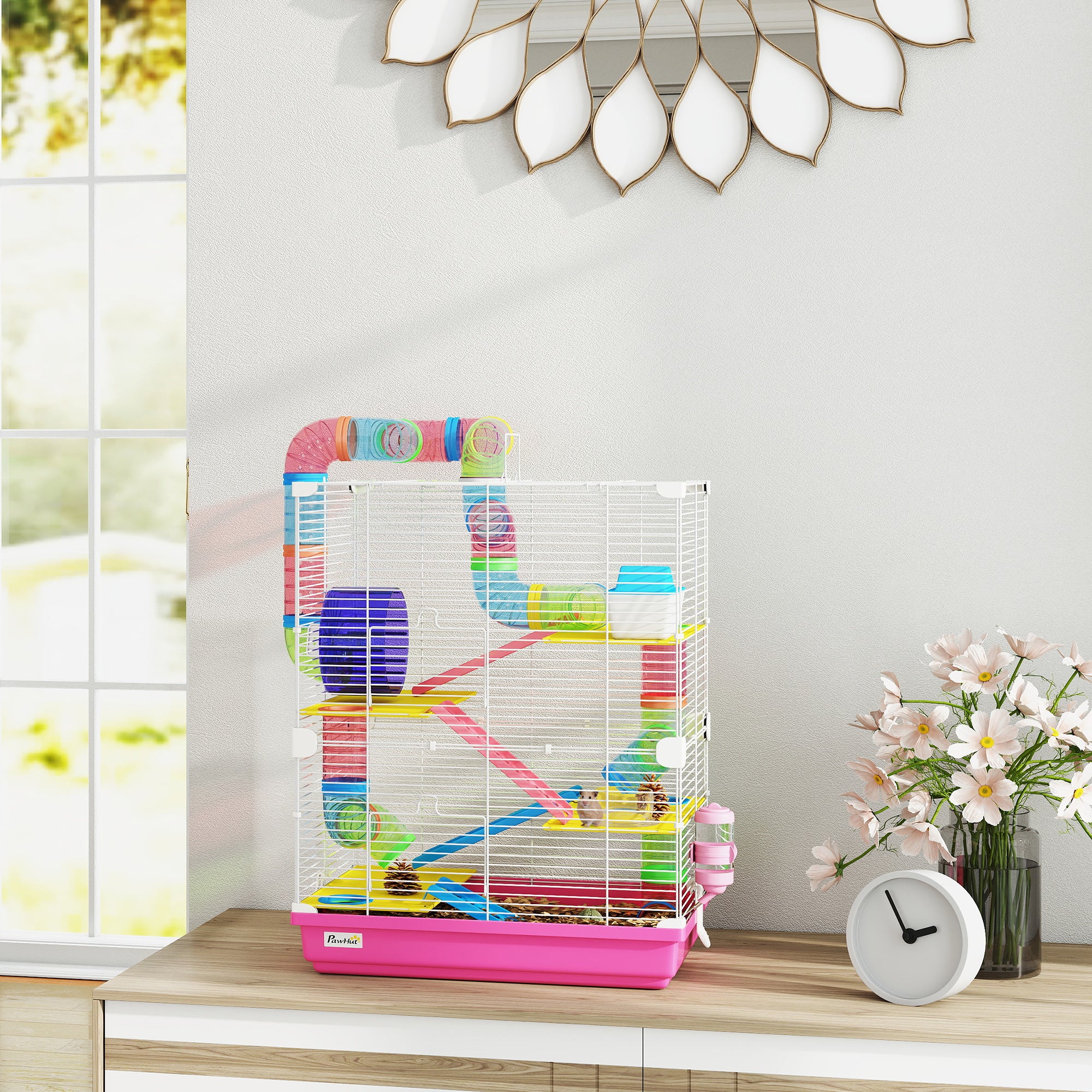 pawhut-cage-hamster-5-tages-rose-avec-roues-tubes-et-accessoires-pour-gerbilles image 4