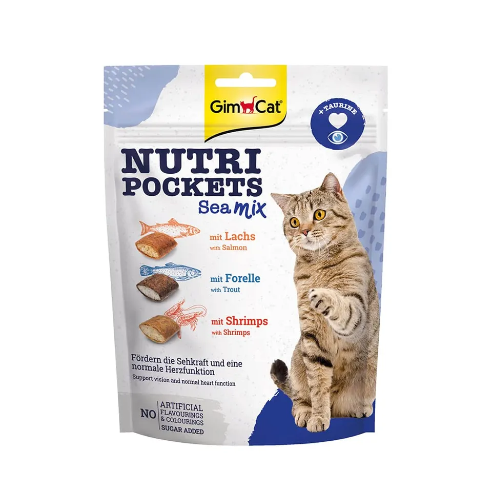 gimcat-nutri-pockets-sea-mix-150-g-snack-saumon-truite-crevettes-la-taurine image 1