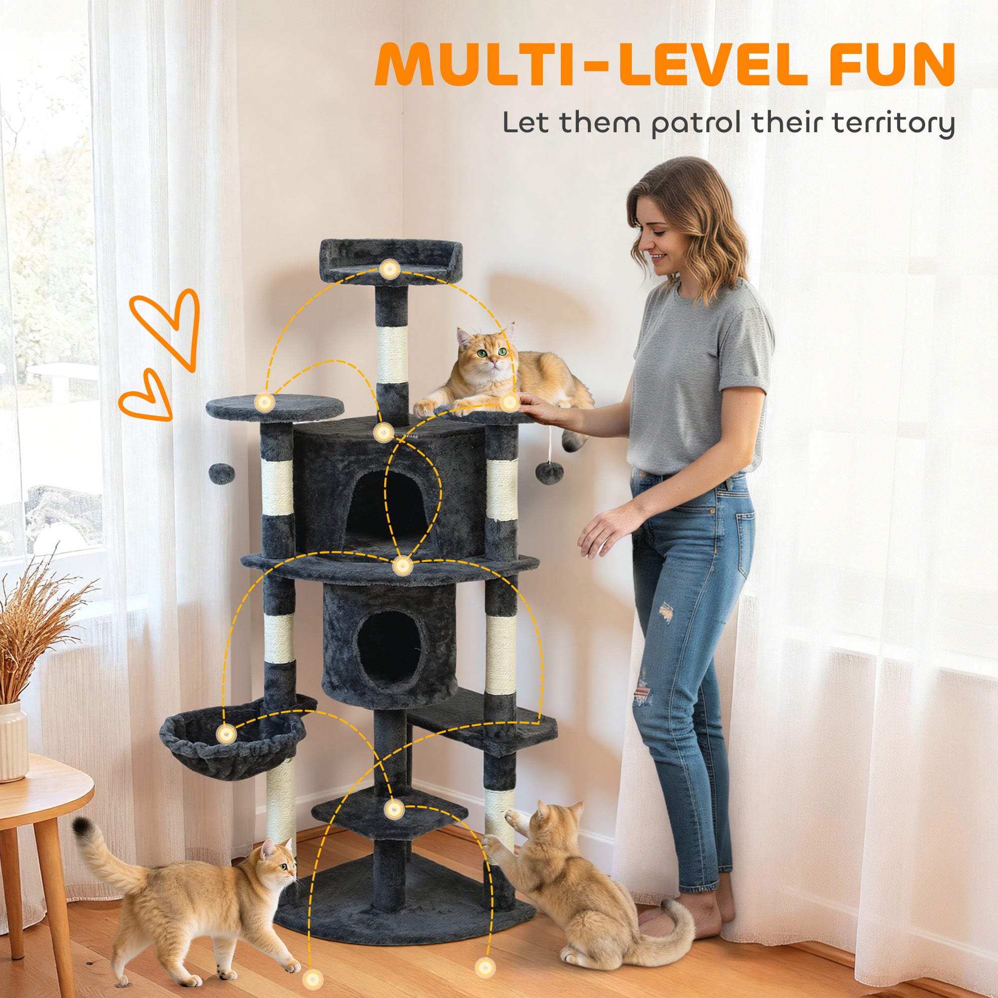pawhut-arbre-chat-62-pouces-157-cm-avec-2-niches-hamac-et-perchoirs-gris-fonc image 6
