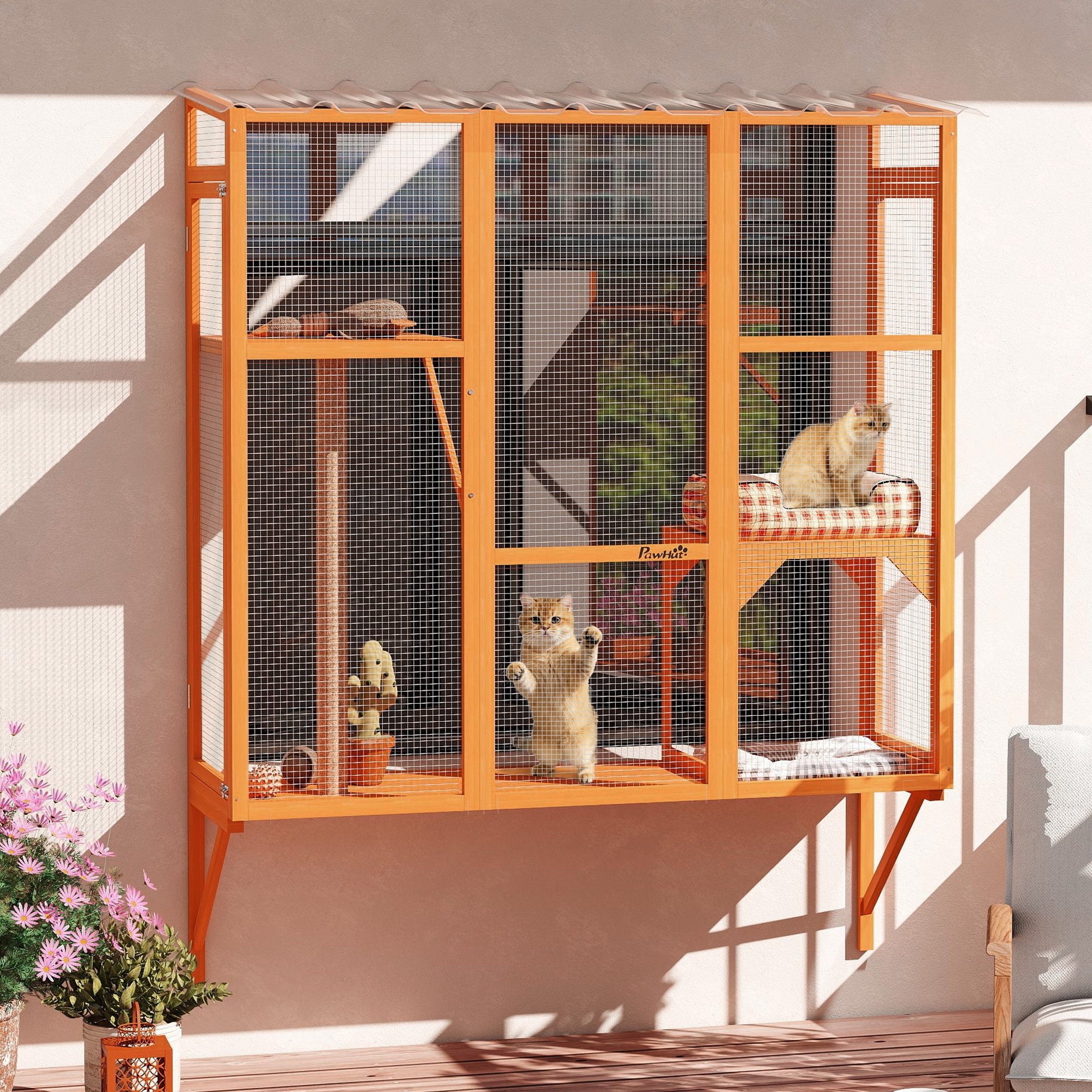 pawhut-arbre-chat-mural-fen-tre-155-cm-2-3-chats-avec-plateformes-orange image 4