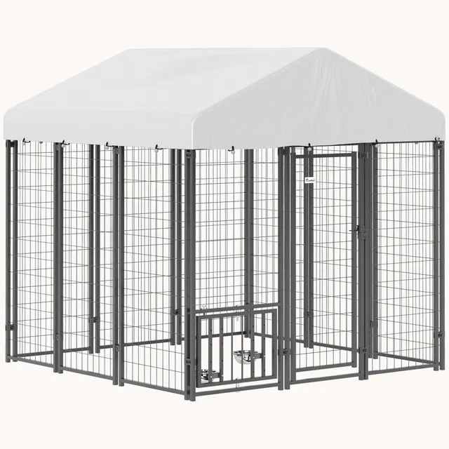 pawhut-chenil-ext-rieur-180-x-180-x-183-cm-avec-toit-et-gamelles-r-glables image 1