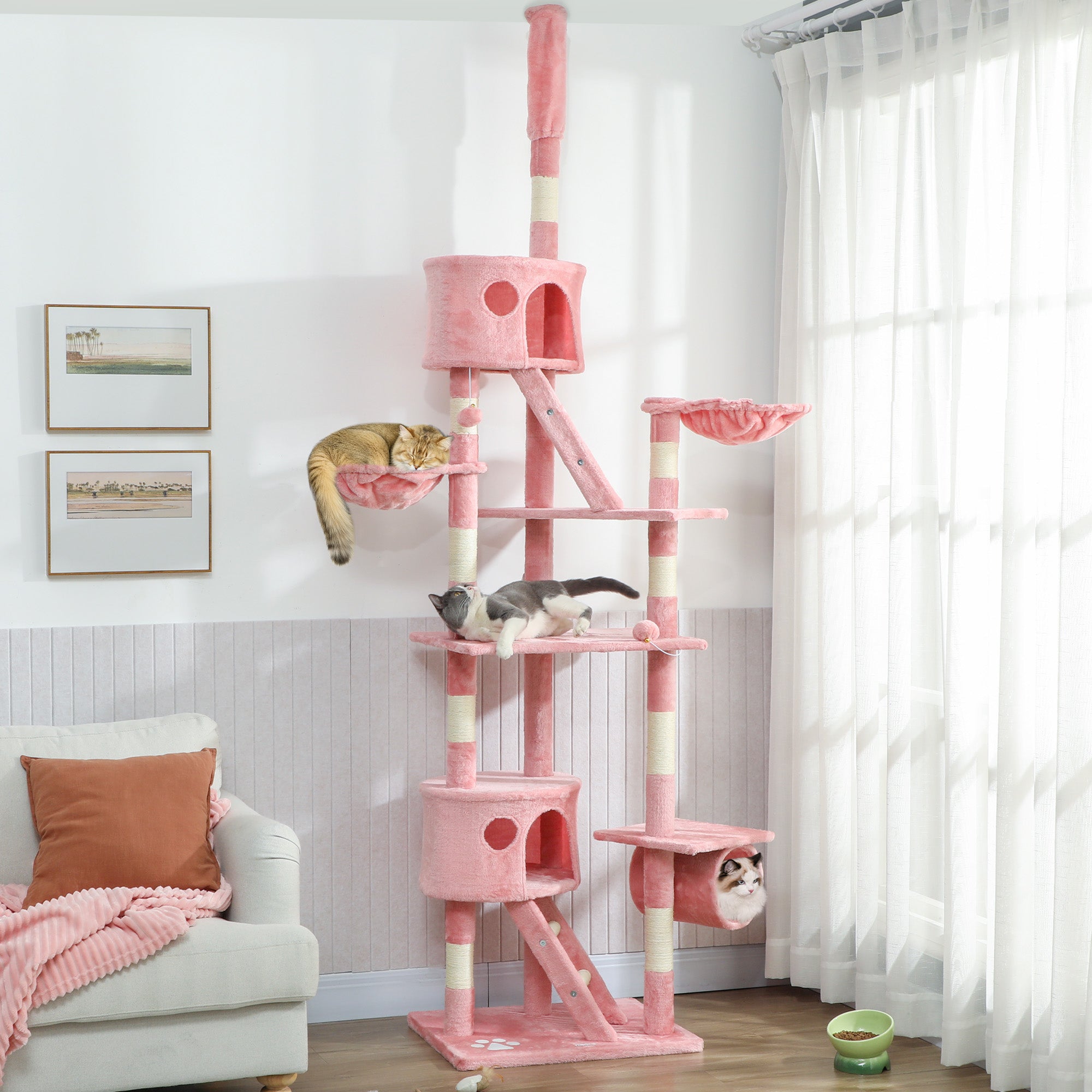 pawhut-arbre-chat-sol-plafond-7-niveaux-avec-2-niches-et-hamacs-rose image 3