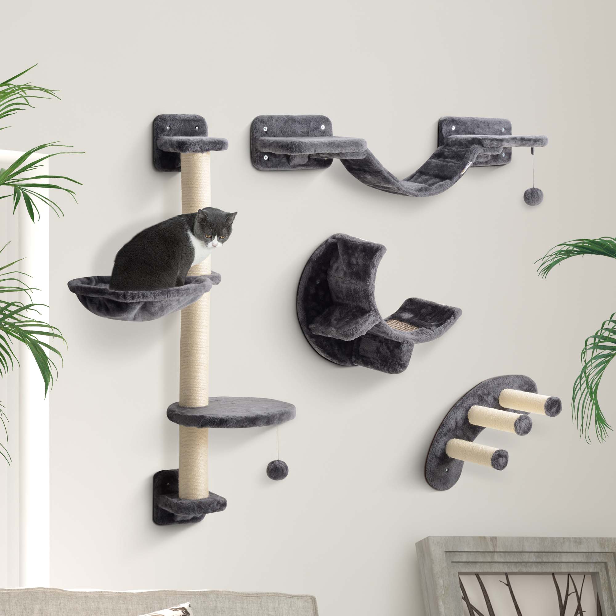 pawhut-mur-d-escalade-chat-4-pi-ces-avec-hamac-et-griffoirs-gris image 3