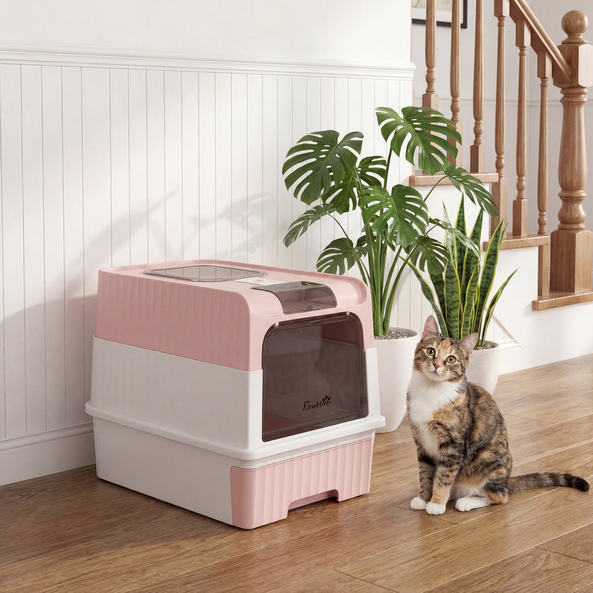 pawhut-bac-liti-re-pour-chat-ferm-avec-tiroir-pelle-et-sortie-par-le-dessus-rose image 4