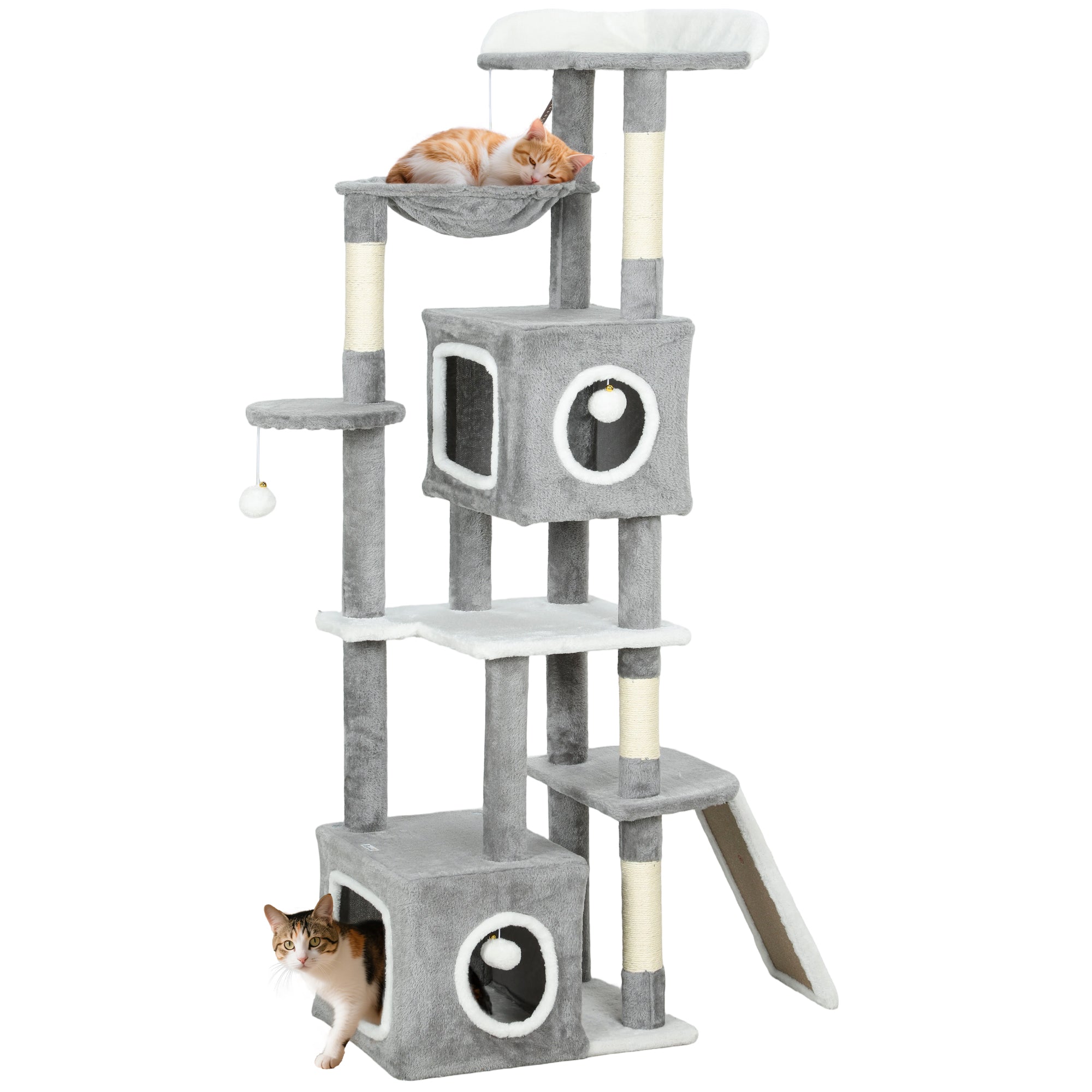 pawhut-arbre-chat-gris-165-cm-avec-2-niches-hamac-rampe-et-perchoir image 1