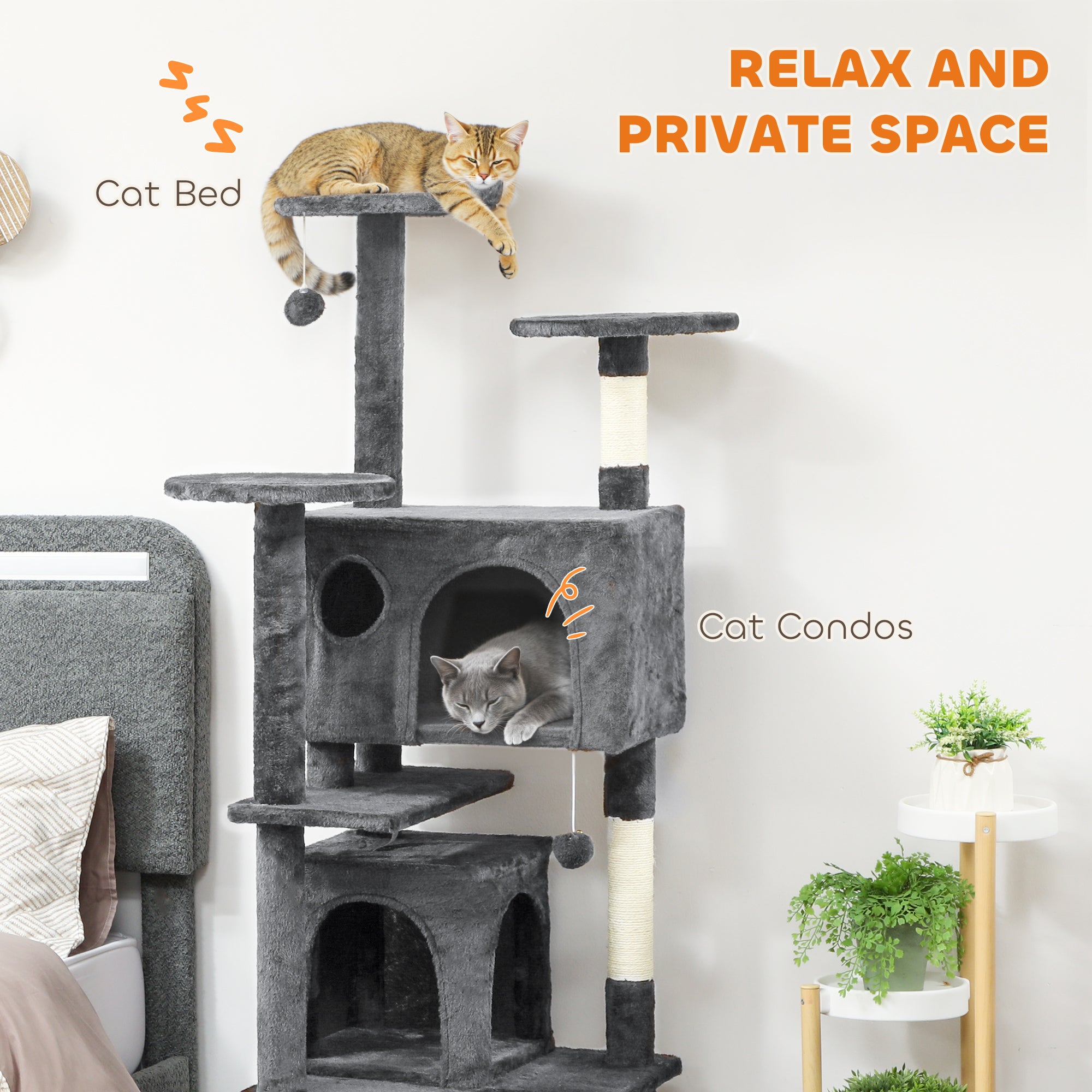 pawhut-arbre-chat-160-cm-avec-2-niches-lit-rampe-et-griffoirs-gris-fonc image 7