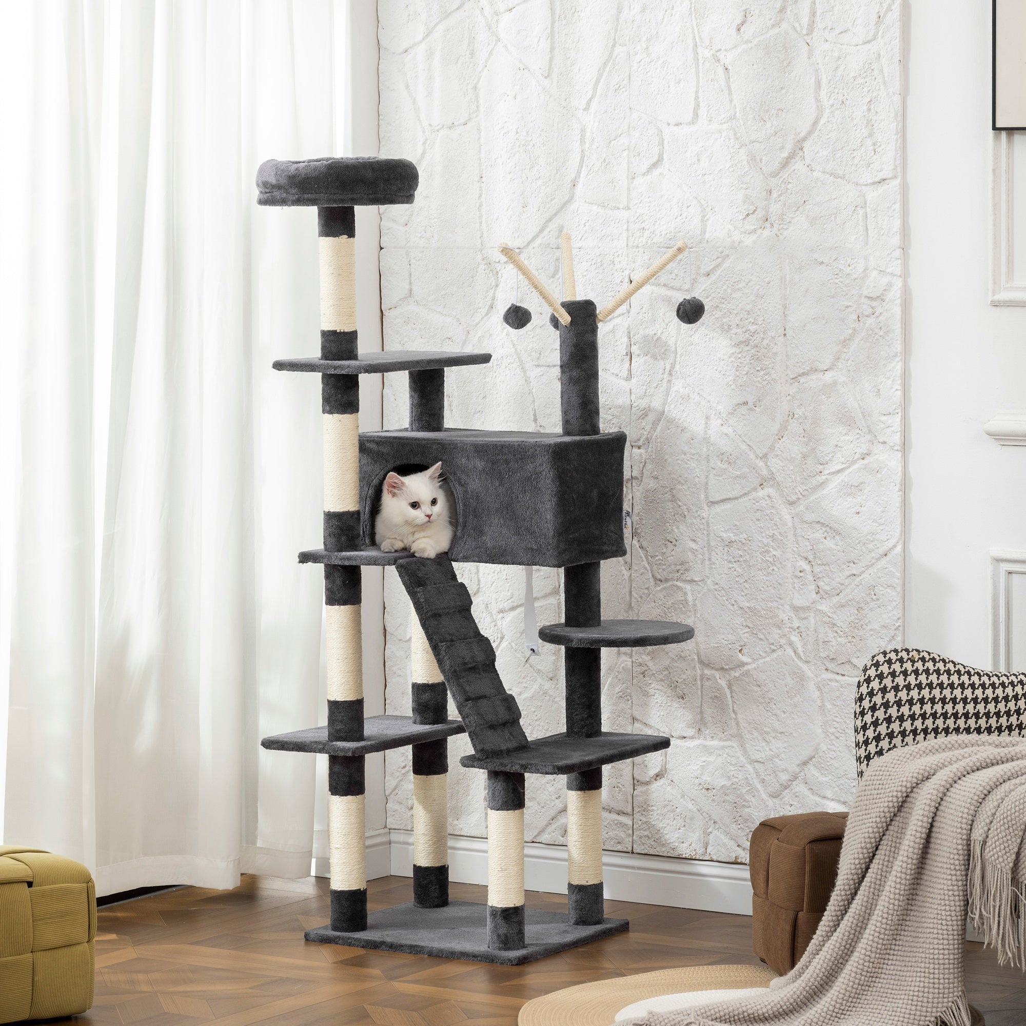 pawhut-arbre-chat-multi-niveaux-59-avec-niche-et-chelle-gris-fonc image 4