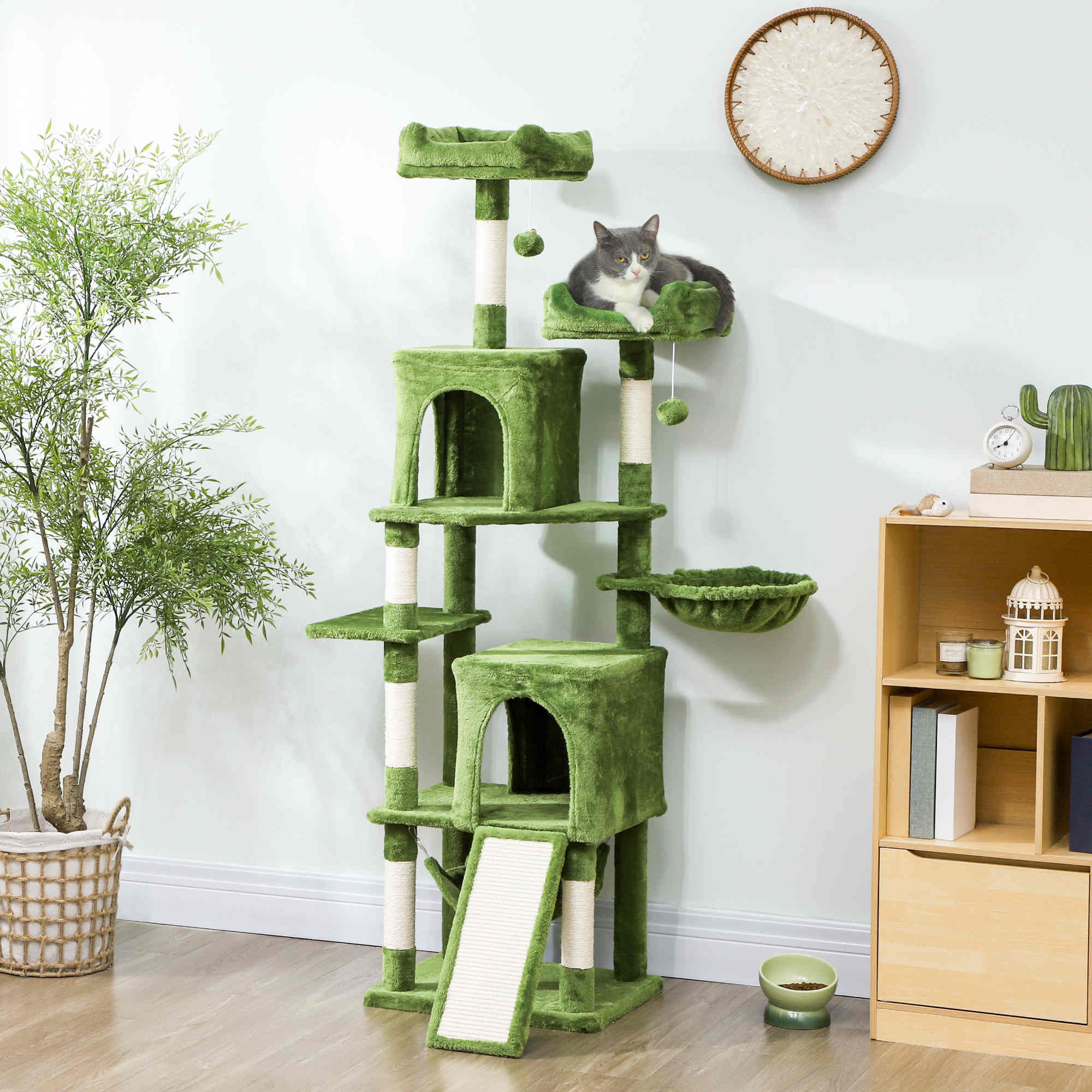 pawhut-arbre-chat-177-cm-avec-2-niches-2-perchoirs-et-hamac-vert image 4