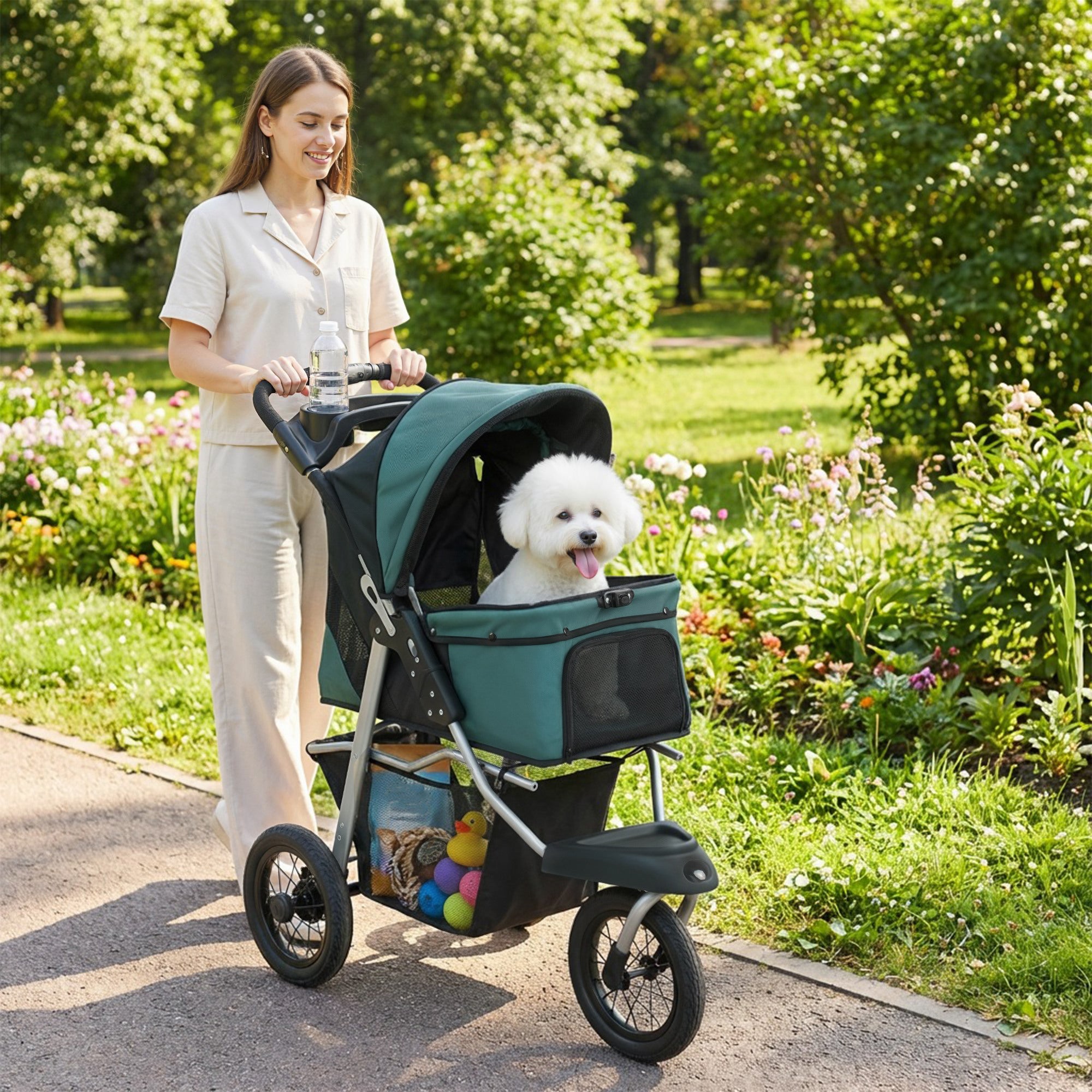 pawhut-poussette-pour-chien-pliable-3-roues-12-jusqu-10-kg-vert-fonc image 3