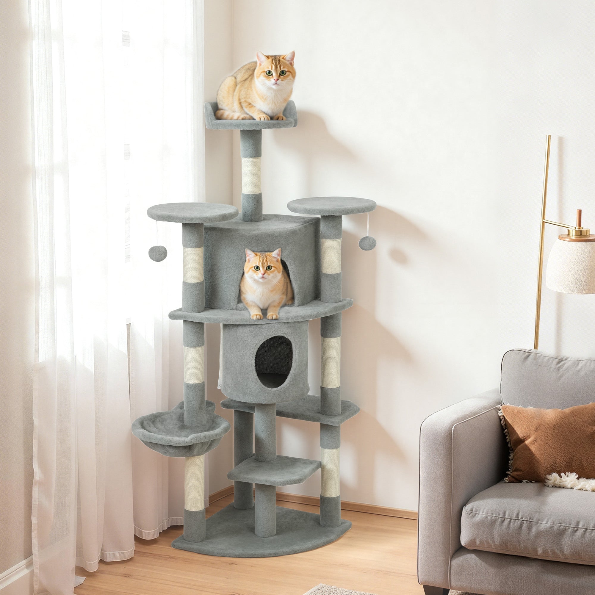 pawhut-arbre-chat-157-cm-62-avec-2-niches-hamac-et-perchoirs-gris-clair image 4