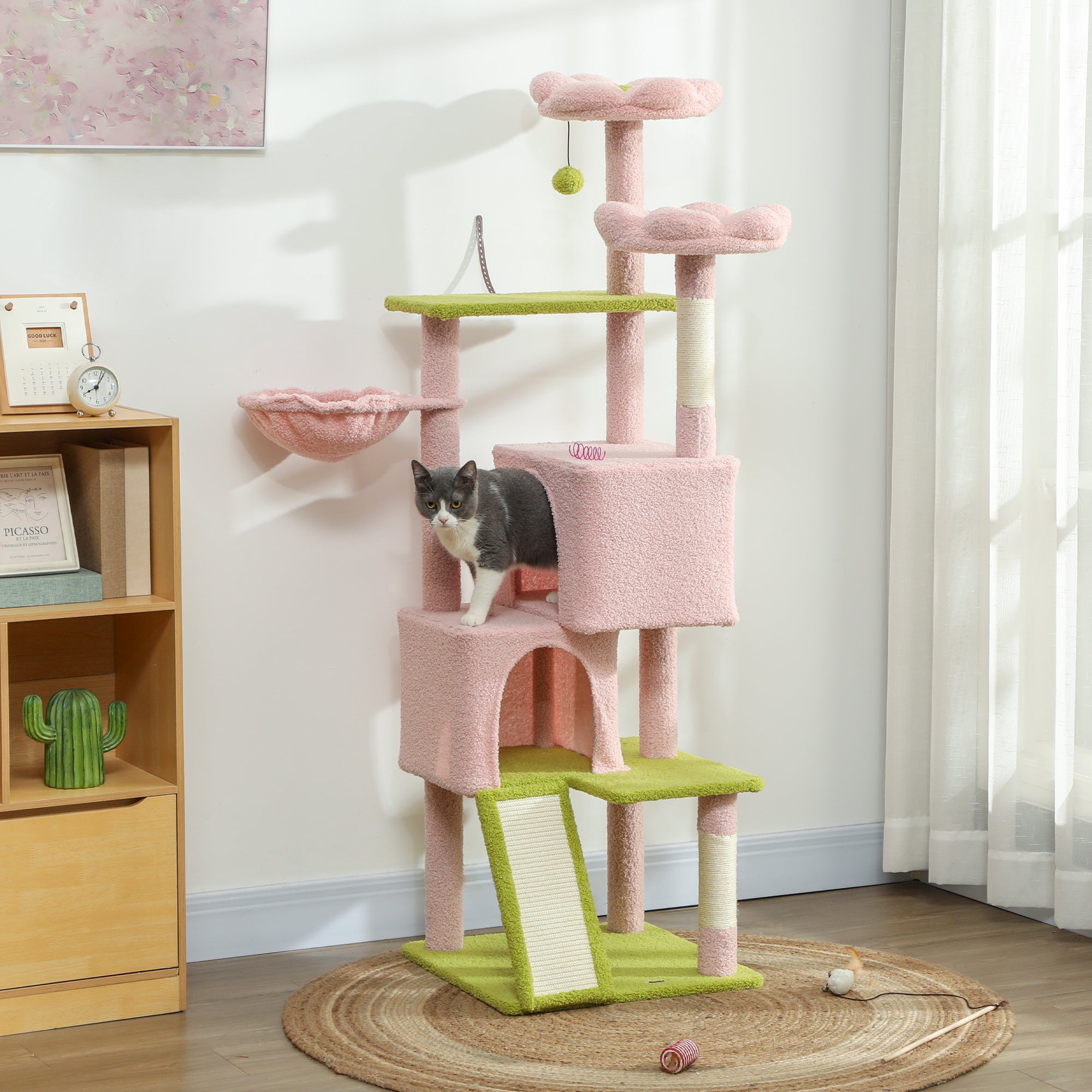 pawhut-arbre-chat-fleur-157-cm-62-2-niches-2-couches-et-hamac-rose image 3