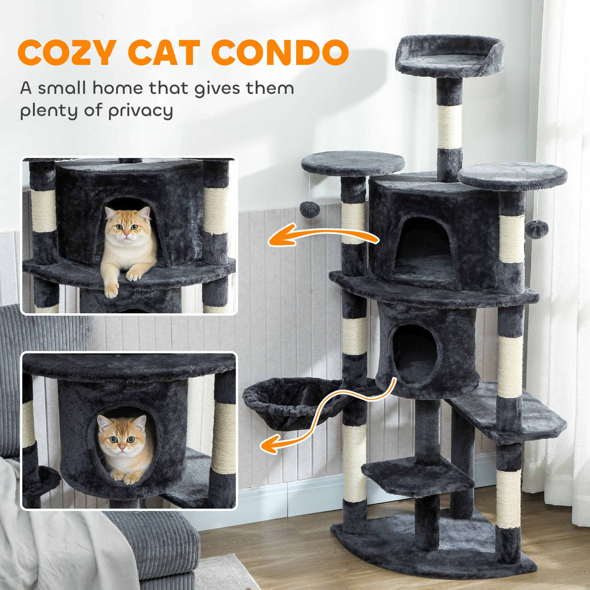pawhut-arbre-chat-62-pouces-157-cm-avec-2-niches-hamac-et-perchoirs-gris-fonc image 7