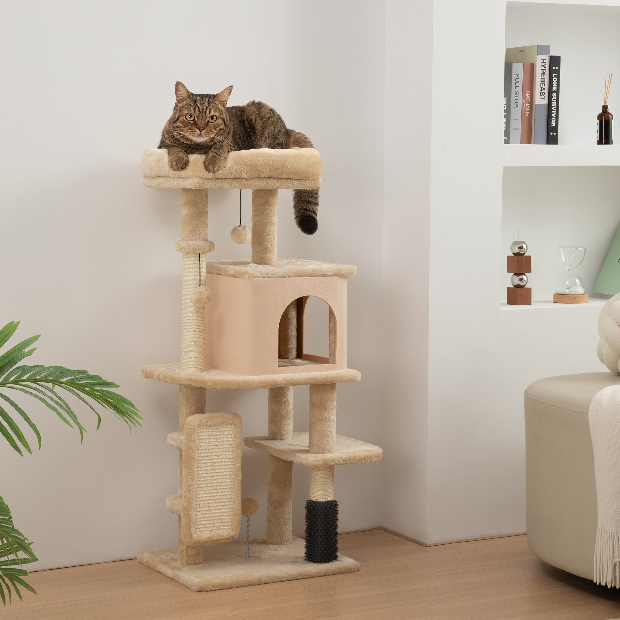 pawhut-arbre-chat-41-avec-niche-couchage-griffoirs-et-brosse-beige image 3