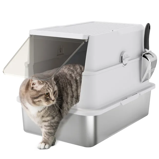 pawhut-bac-liti-re-ferm-xl-inox-avec-couvercle-et-pelle-gris-clair image 1