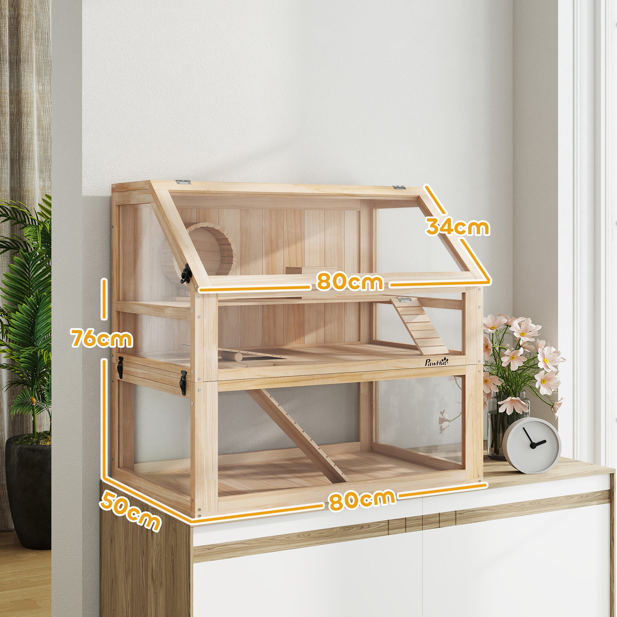 pawhut-cage-hamster-bois-3-tages-avec-roue-cabane-et-rampes-80-x-50-x-76-cm-natu image 5