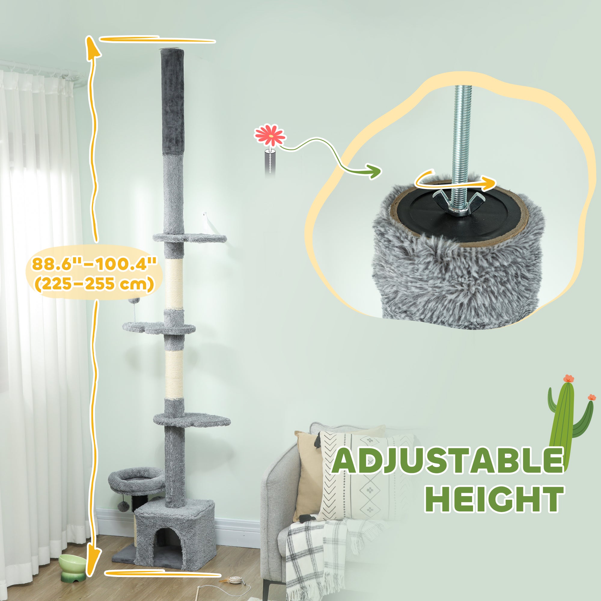 pawhut-arbre-chat-sol-plafond-avec-niche-et-perchoirs-gris image 6