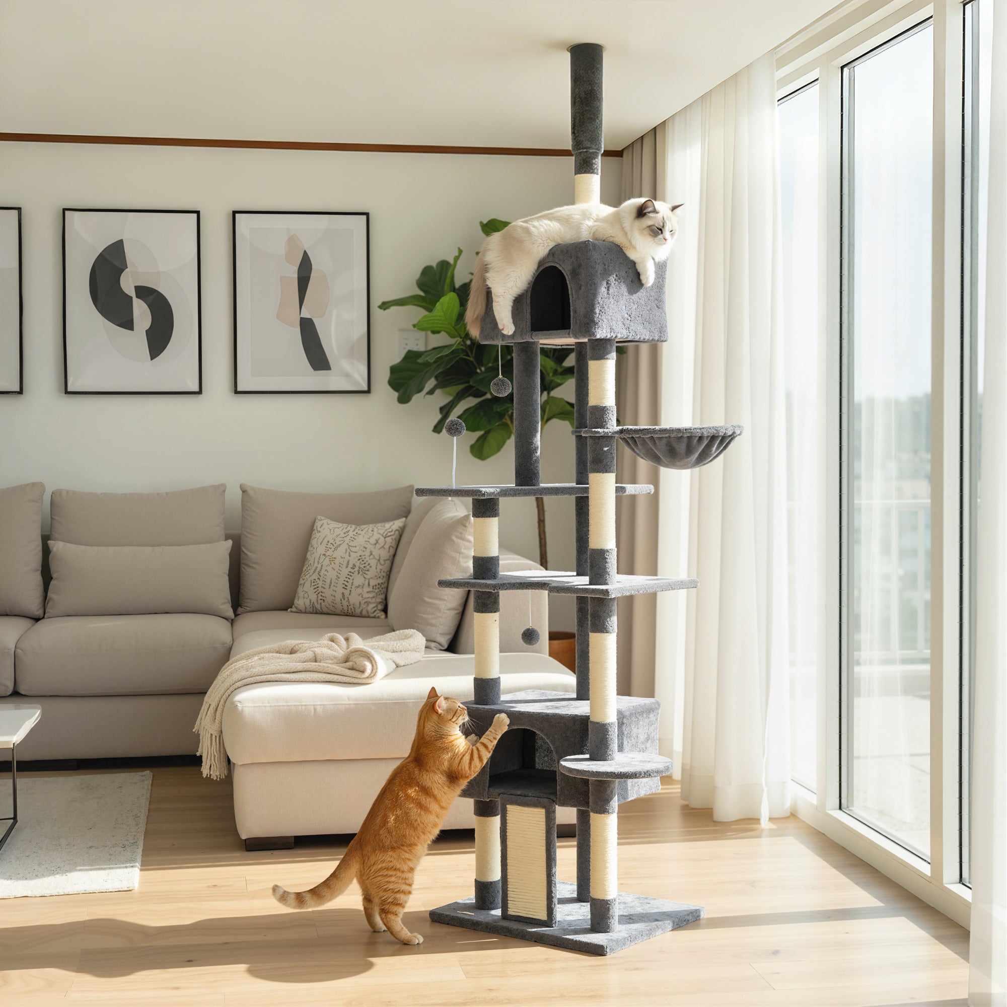 pawhut-arbre-chat-du-sol-au-plafond-230-250-cm-avec-2-niches-et-hamac-gris-fonc image 3