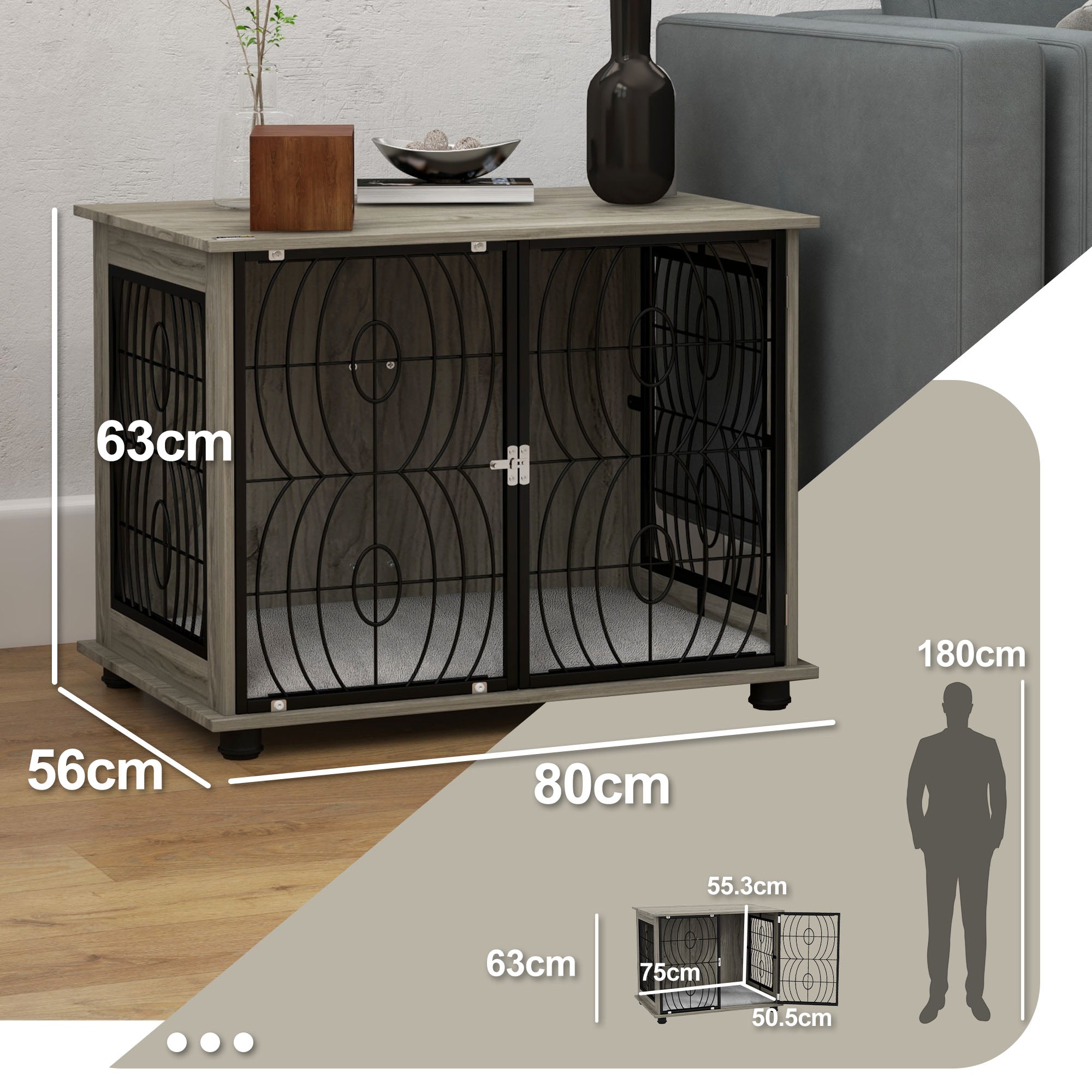pawhut-cage-chien-table-d-appoint-80-x-56-x-63-cm-avec-coussin-gris image 5