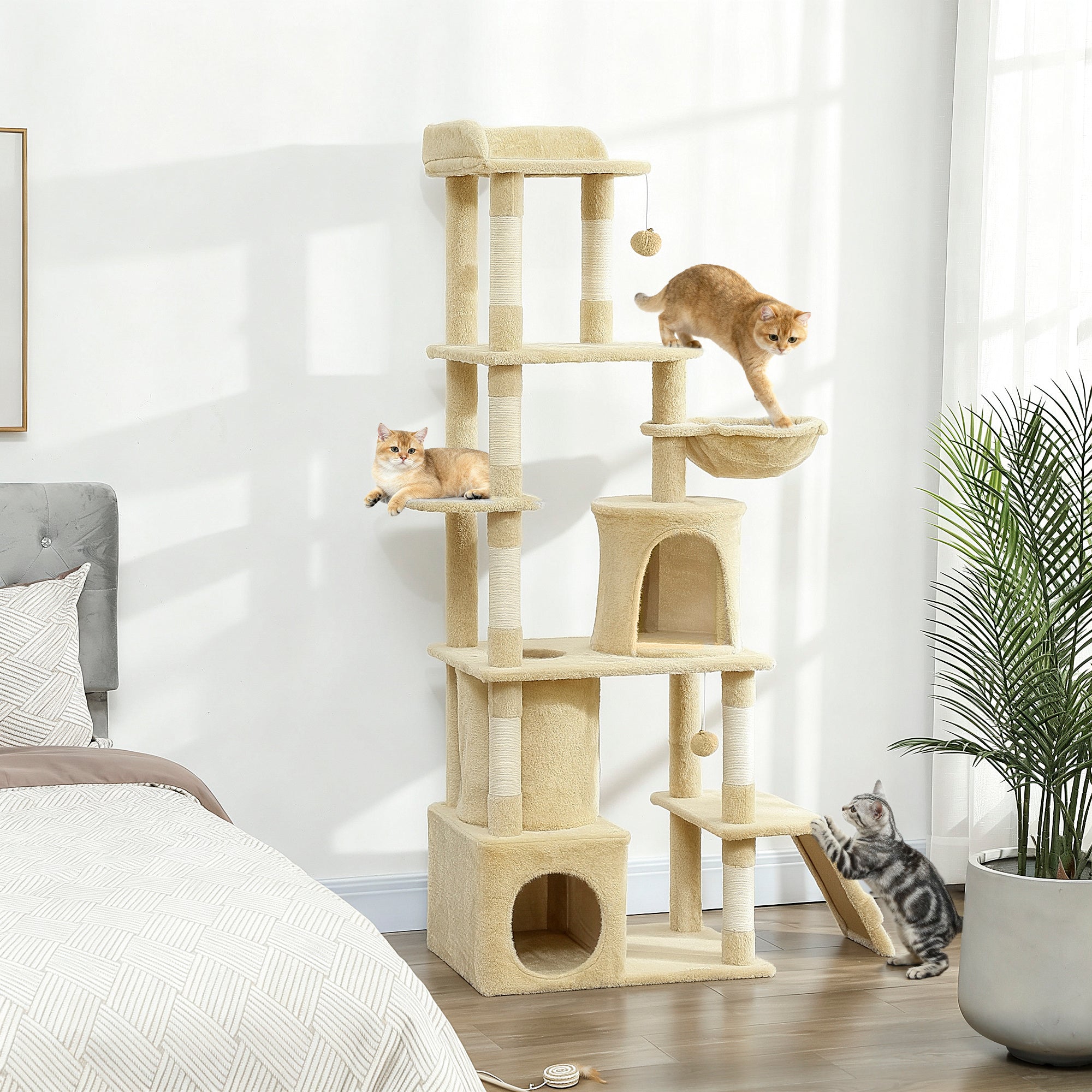 pawhut-grand-arbre-chat-170-cm-7-griffoirs-2-niches-hamac-beige image 4
